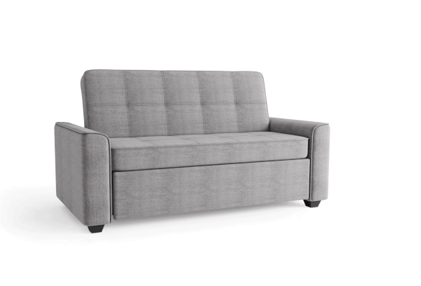 A SIXTREND Flex sofa bed in light grey upholstery with a grid-tufted backrest and squared arms, on a white seamless backdrop.