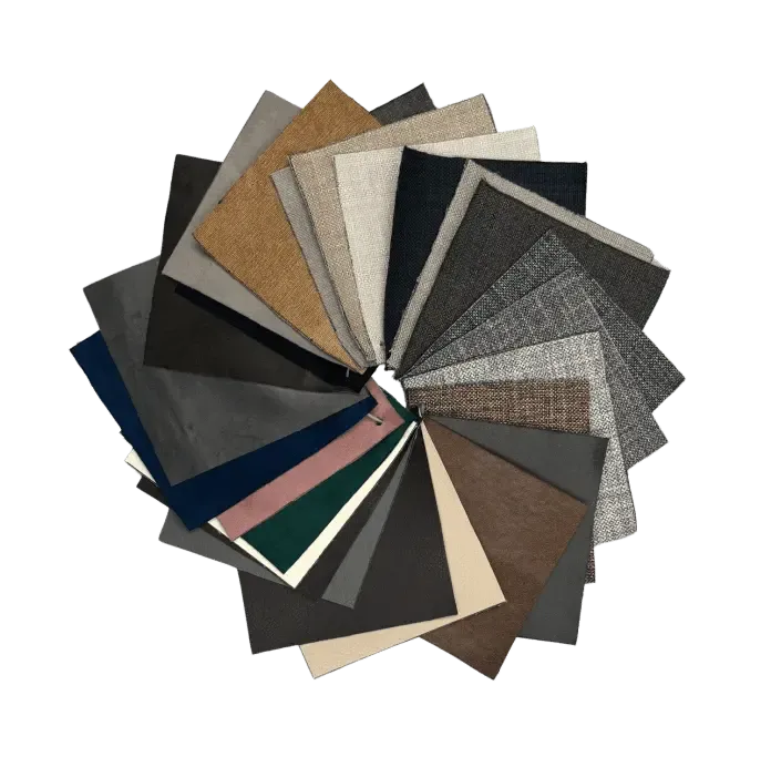 A circular spread of SIXTREND fabric swatches showing the Flex sample kit's mix of earth tones, navy, mauve, green, and textured neutrals.