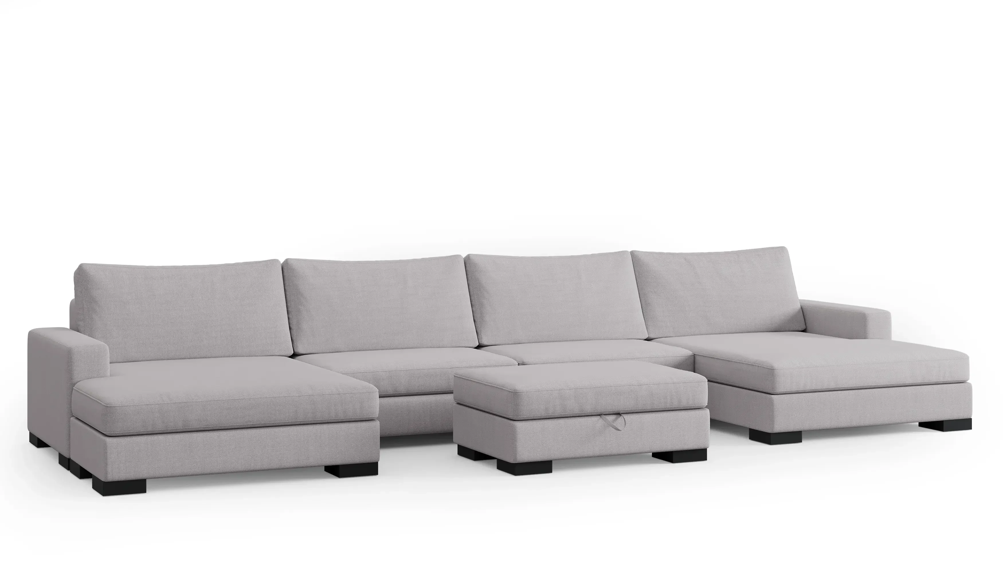 Four-seat Zen modular sofa with double chaise and storage ottoman in light gray fabric