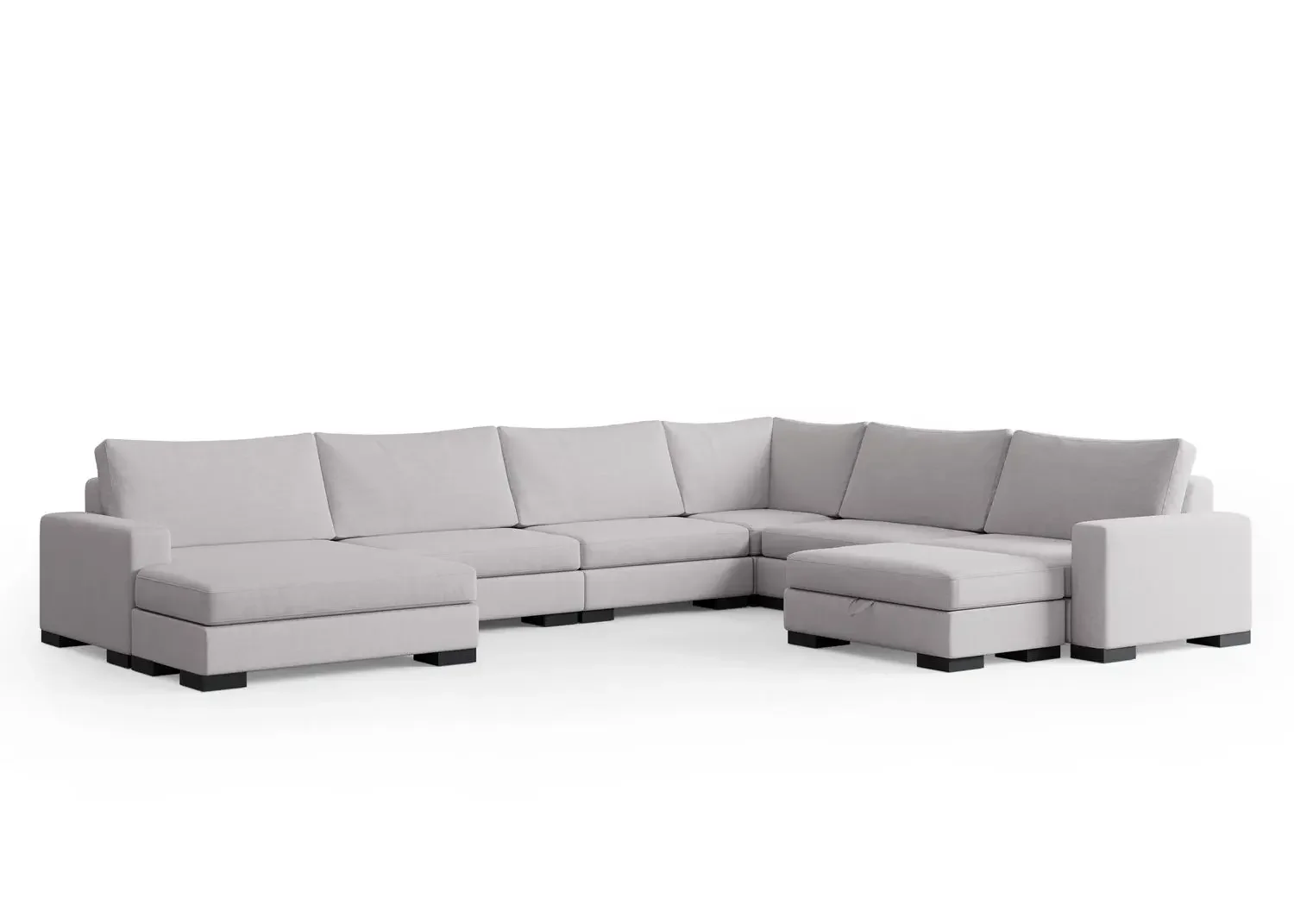 Six-seat Zen modular U-shaped sectional with chaise and storage ottoman in light gray fabric
