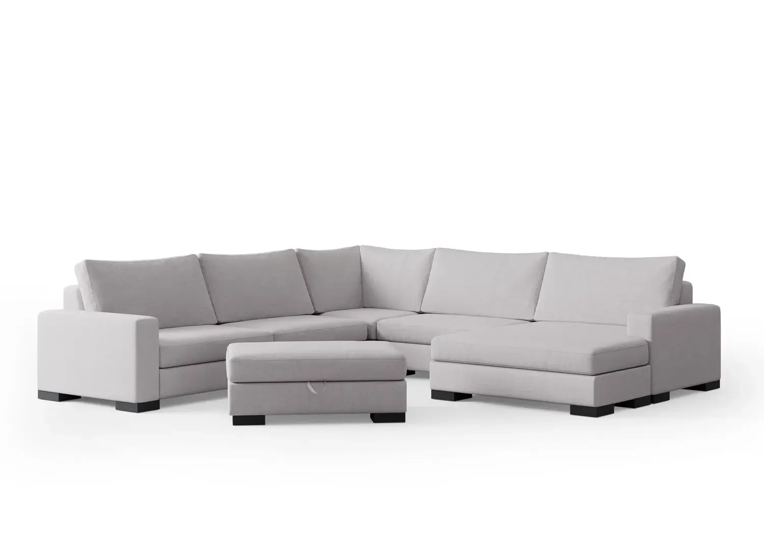 A SIXTREND modular sectional in U-shape configuration with chaise and storage ottoman, in light grey upholstery on a white backdrop.