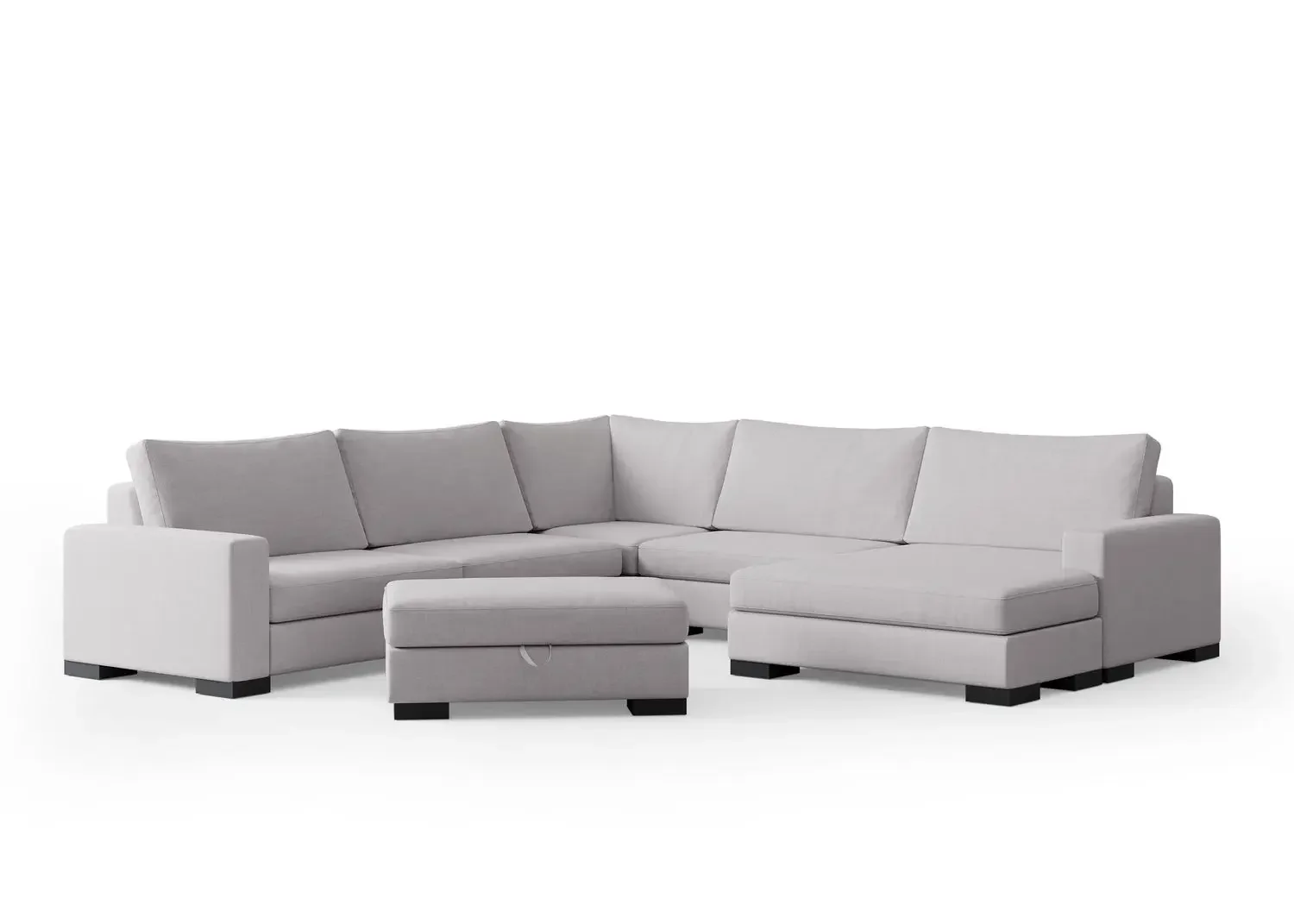 Large U-shaped Zen modular sectional with separate storage ottoman in light gray