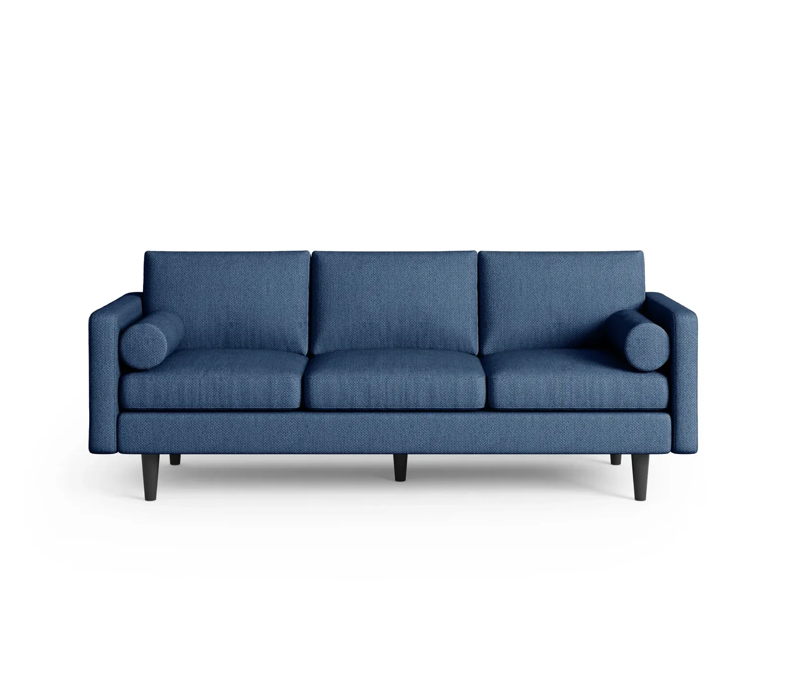 Navy blue Leon three-seater sofa with bolster pillows and tapered wooden legs