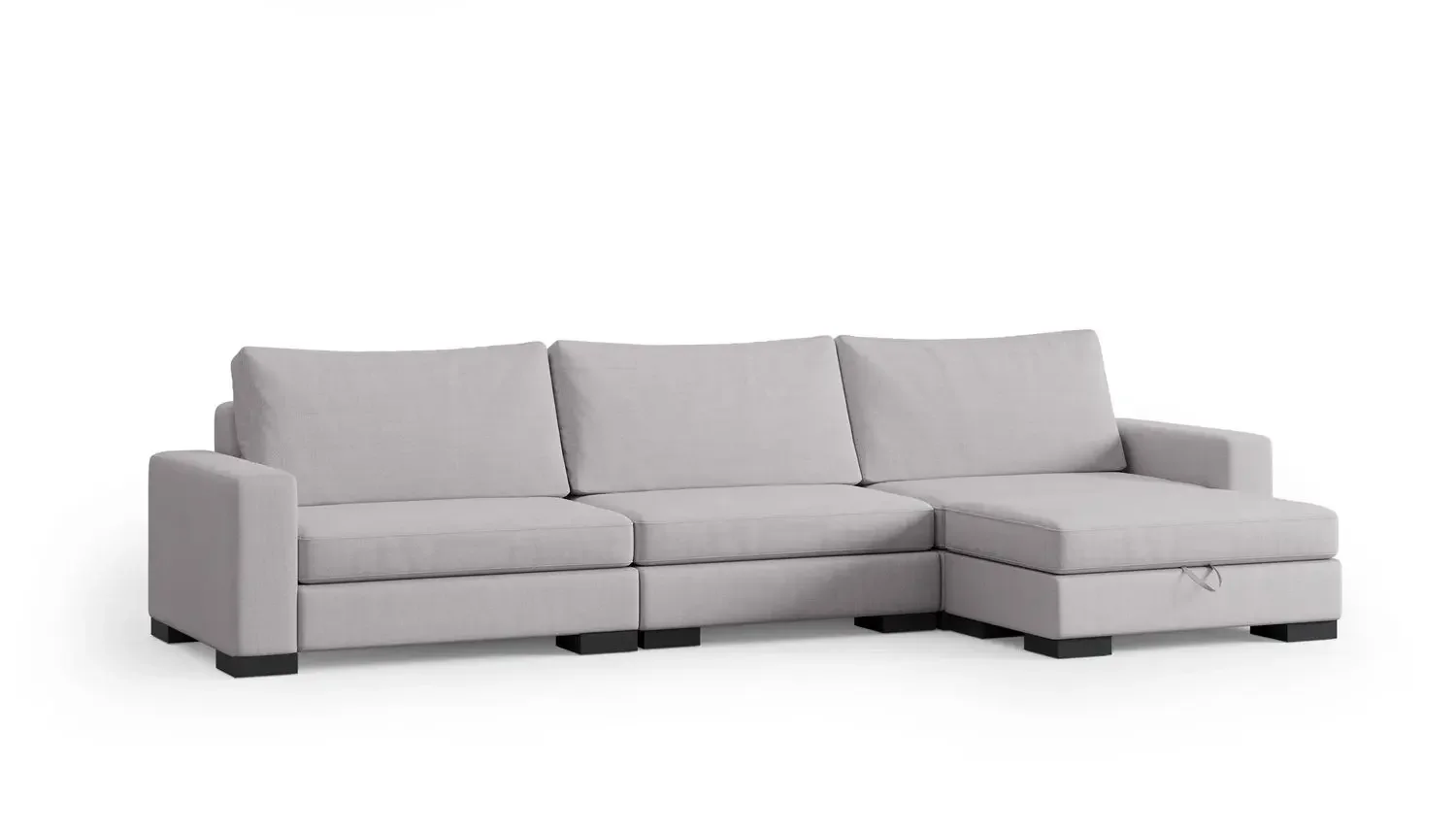 Three-seat Zen modular sofa with right-side storage chaise in light gray fabric