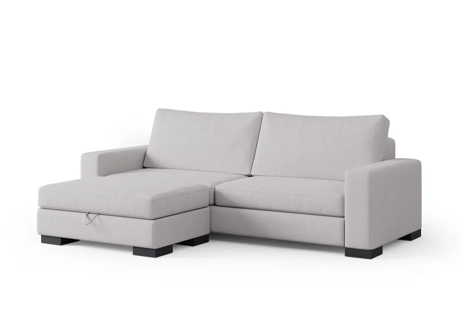 Light gray two-seat Zen sofa with split back cushions, square arms, and dark block feet