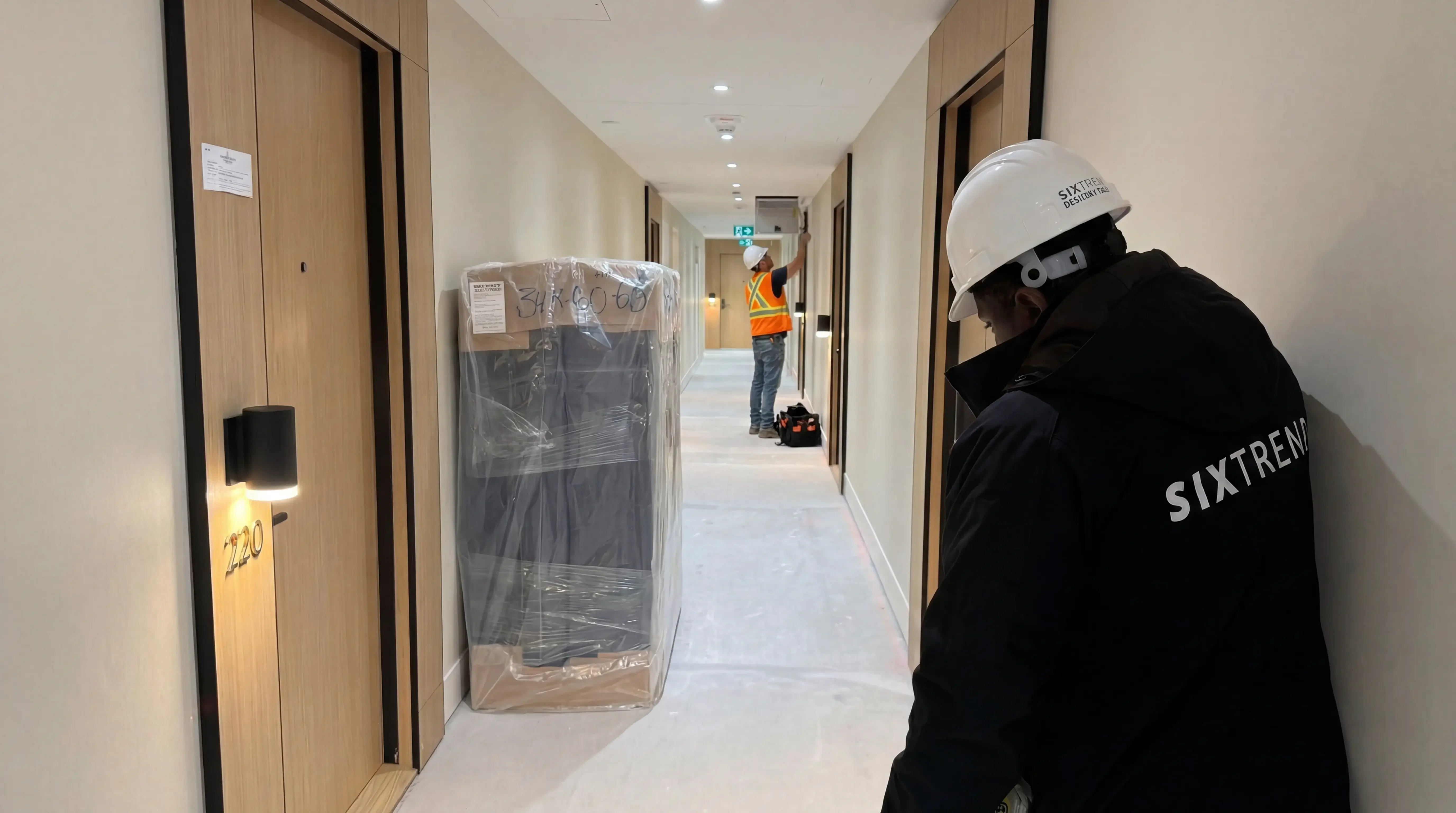 A SIXTREND installer in a branded jacket and hardhat moves a wrapped mattress down a hotel corridor on a project install.