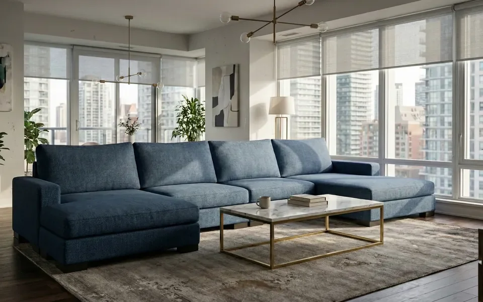Zen four seater sofa with two chaises in blue, in a condo living room