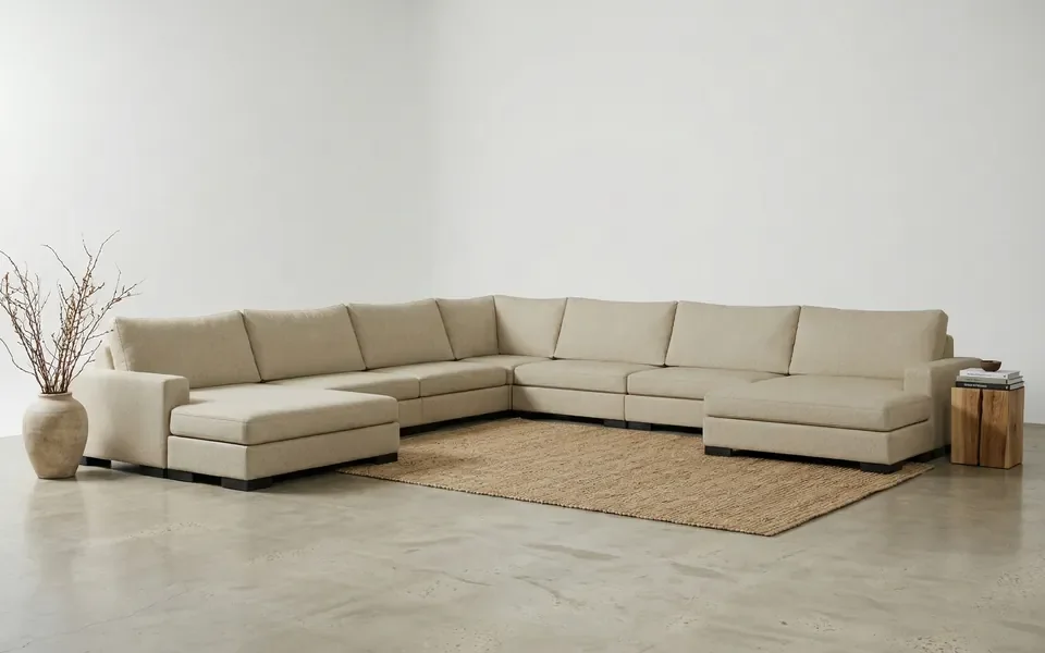 Zen U-shaped sectional with two chaises in a light beige fabric
