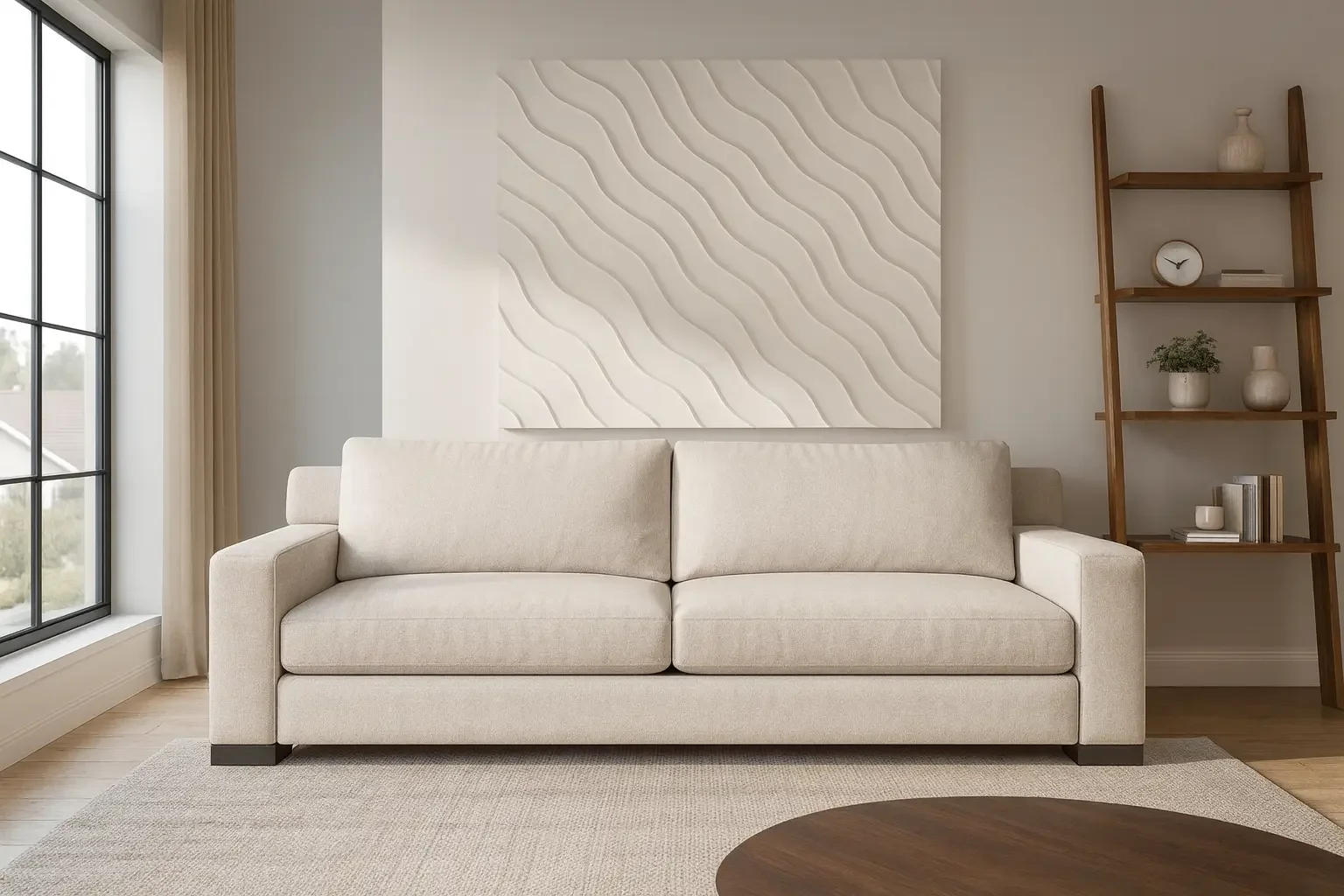 Cream upholstered sofa in a softly lit modern living room with wave-textured wall art and a ladder shelf.
