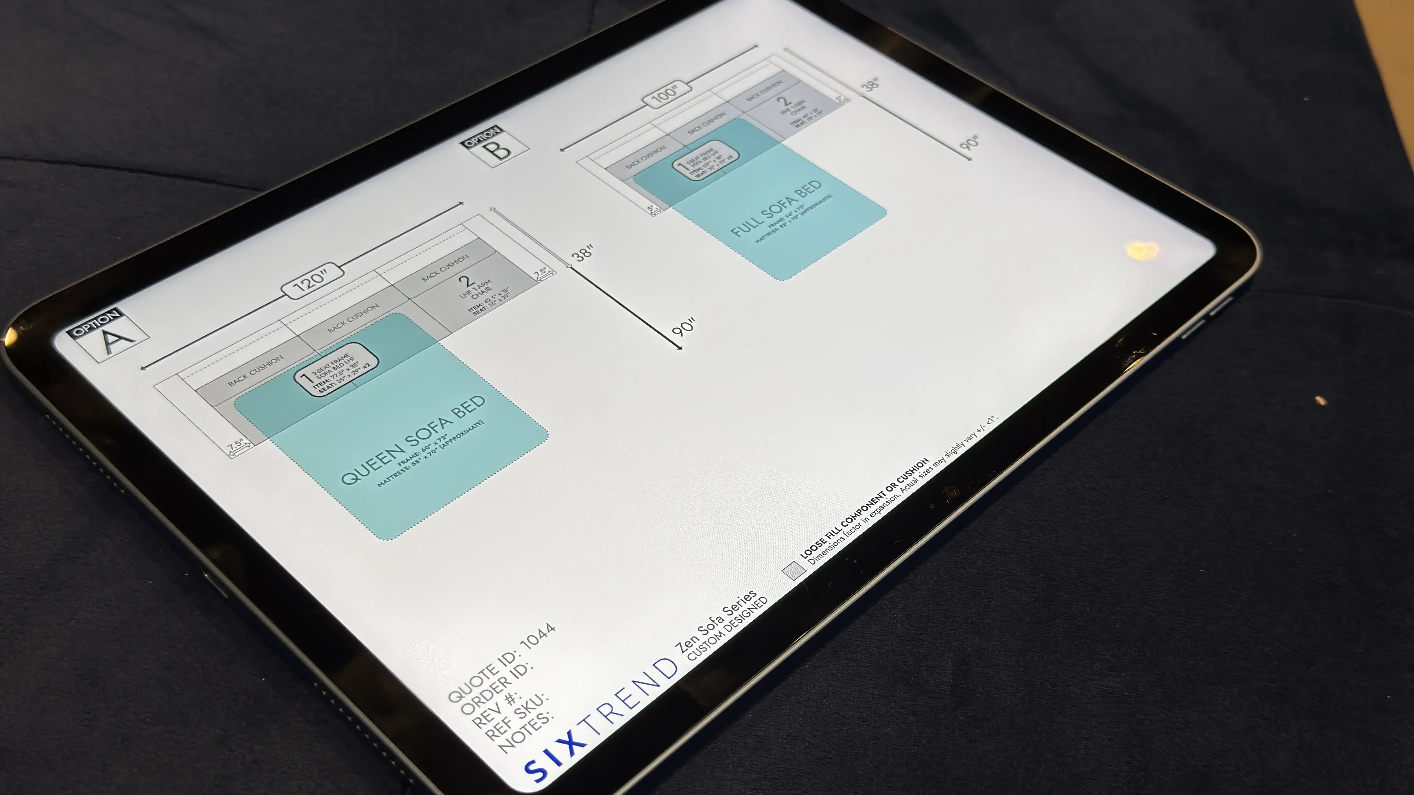 iPad displaying a SIXTREND custom sofa-bed quote with Queen and Full sizes and dimension diagrams