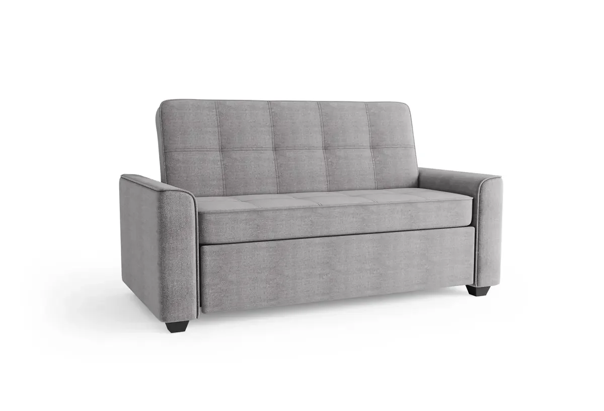 Grey tufted Flex Sofa Bed with rounded bolster armrests on a white background