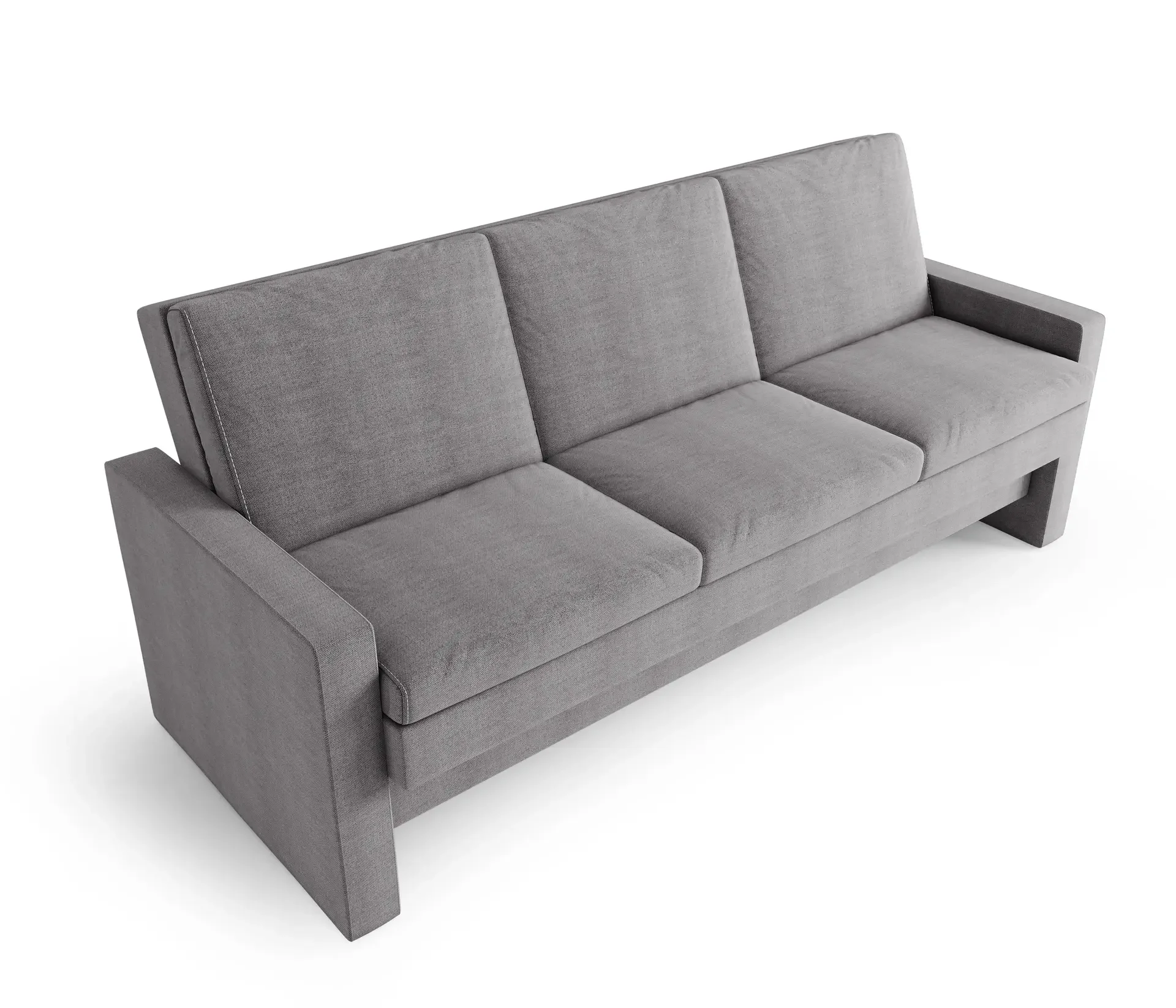 Three-seater click-clack sofa bed in medium-gray velour upholstery, shown at a three-quarter angle