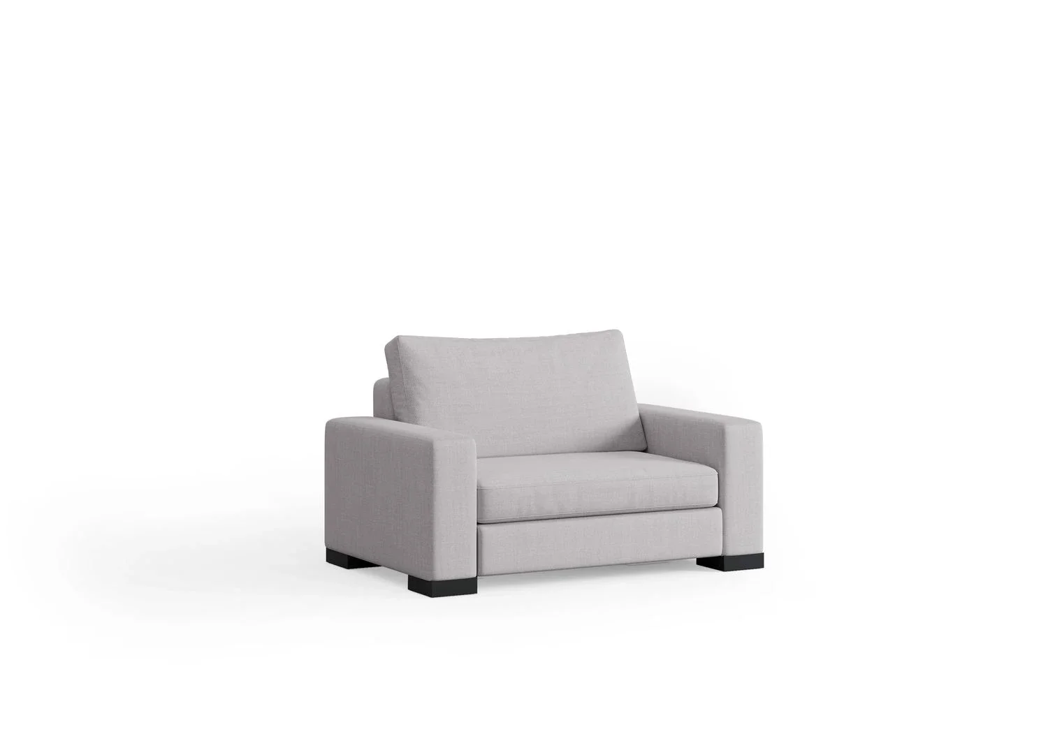 Light gray Zen loveseat with single deep cushion, square arms, and dark block feet