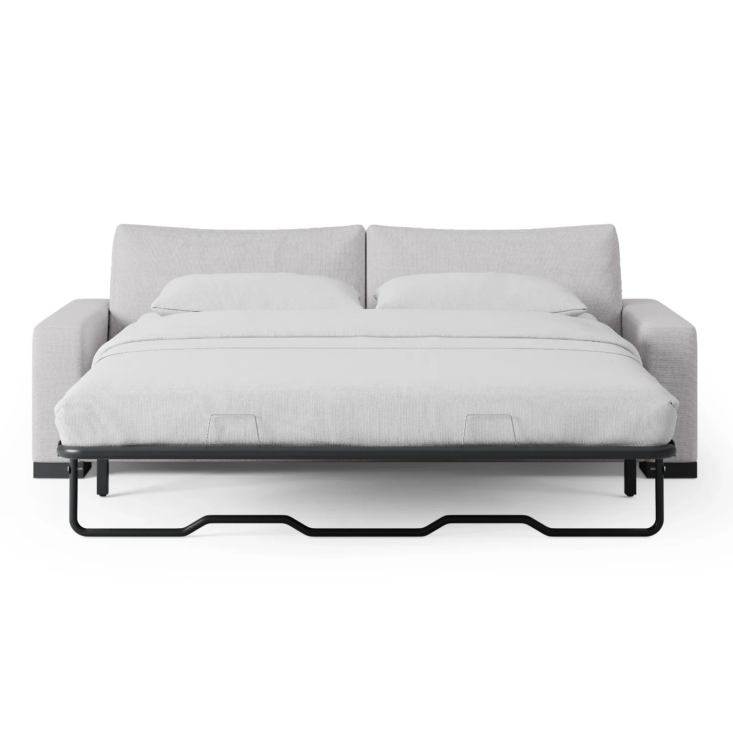Fold-out sleeper sofa fully extended showing the independent mattress on its metal support frame