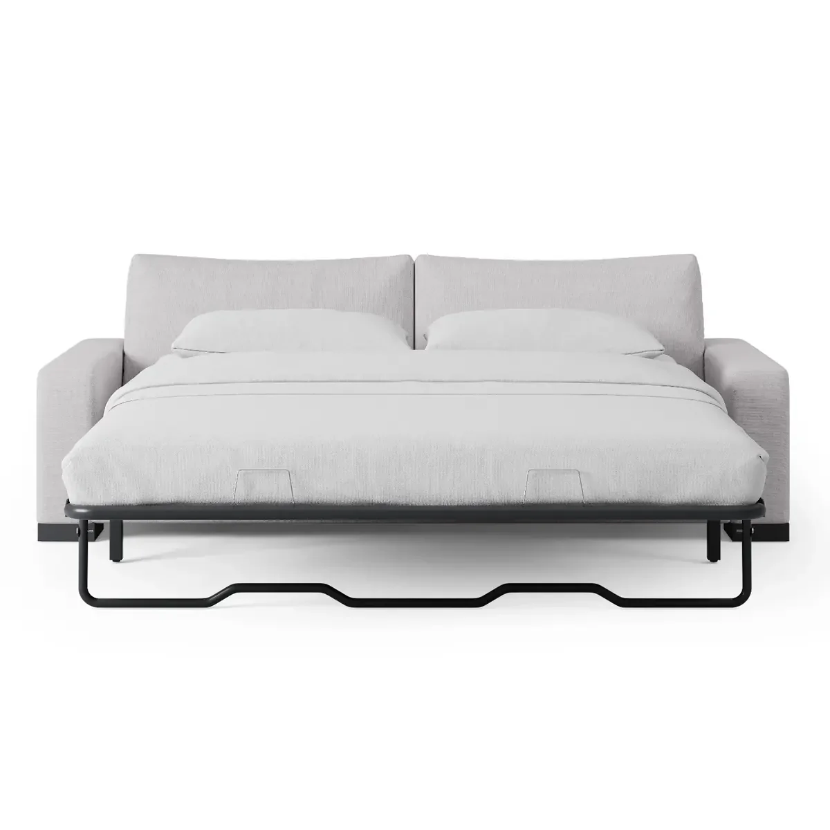 Fold-out sleeper sofa fully extended showing the independent mattress on its metal support frame