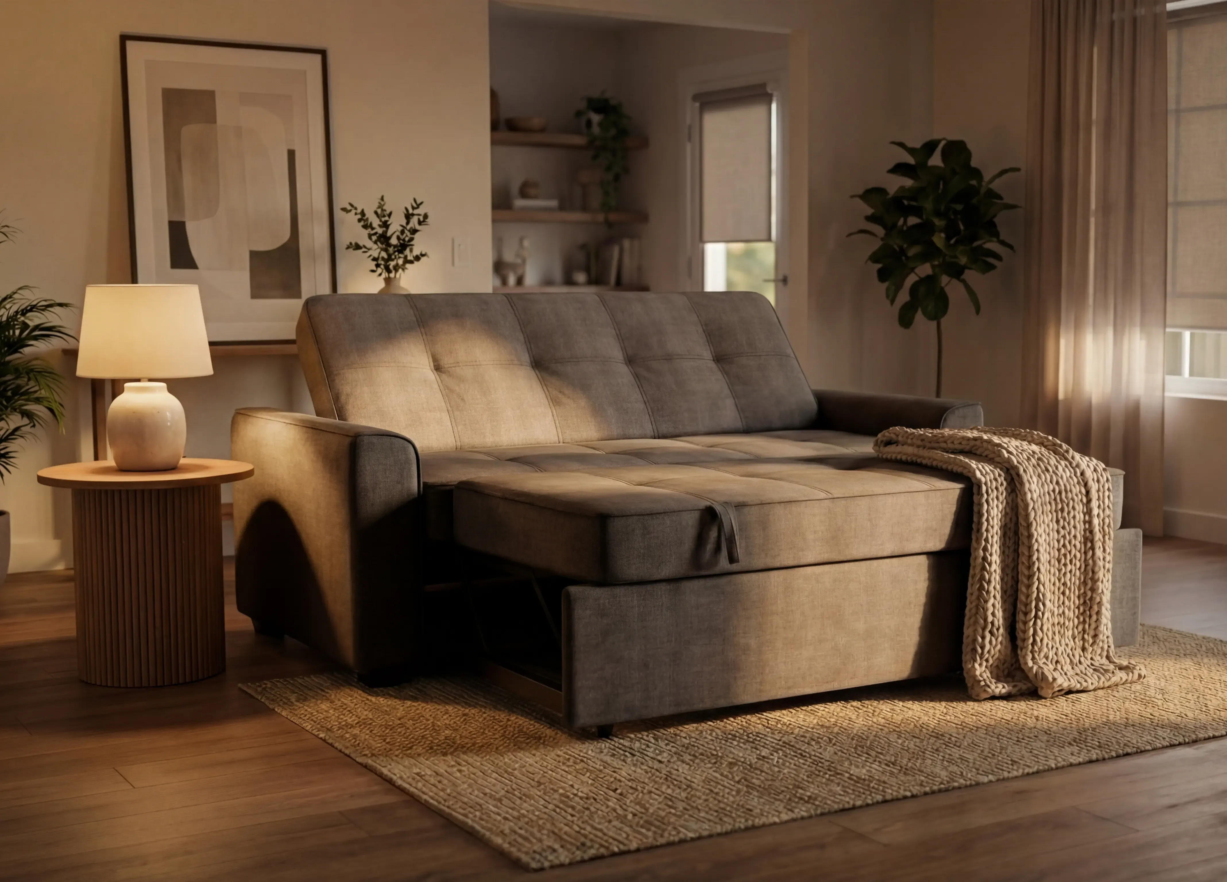 SIXTREND Flex Sleeper Sofa Bed shown partially extended in a cozy living room with warm lamp light