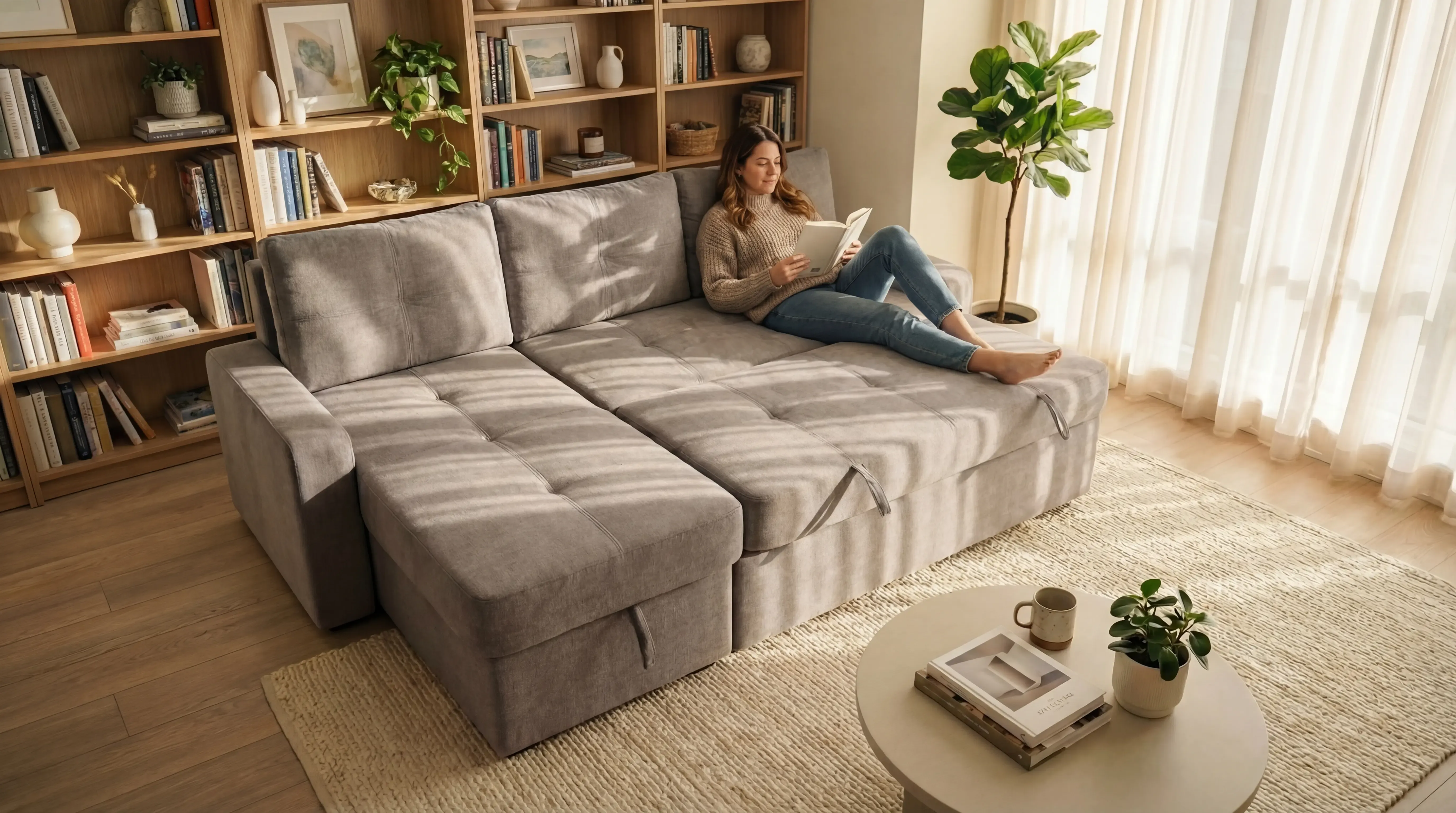 SIXTREND Gaia Sectional Sofa Bed with storage in a bright living room with bookshelves