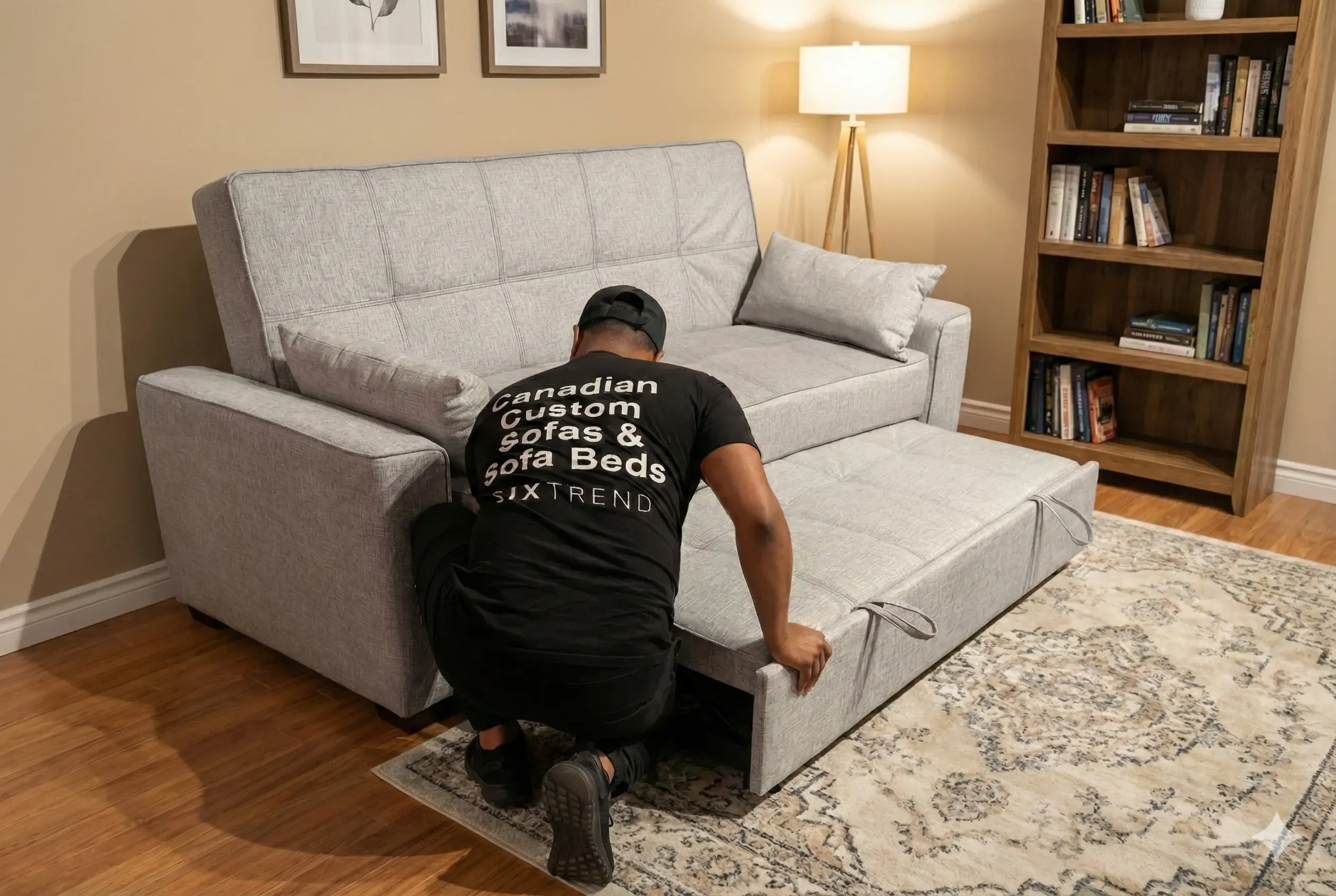 SIXTREND in-home delivery technician setting up a sofa bed in a customer's home