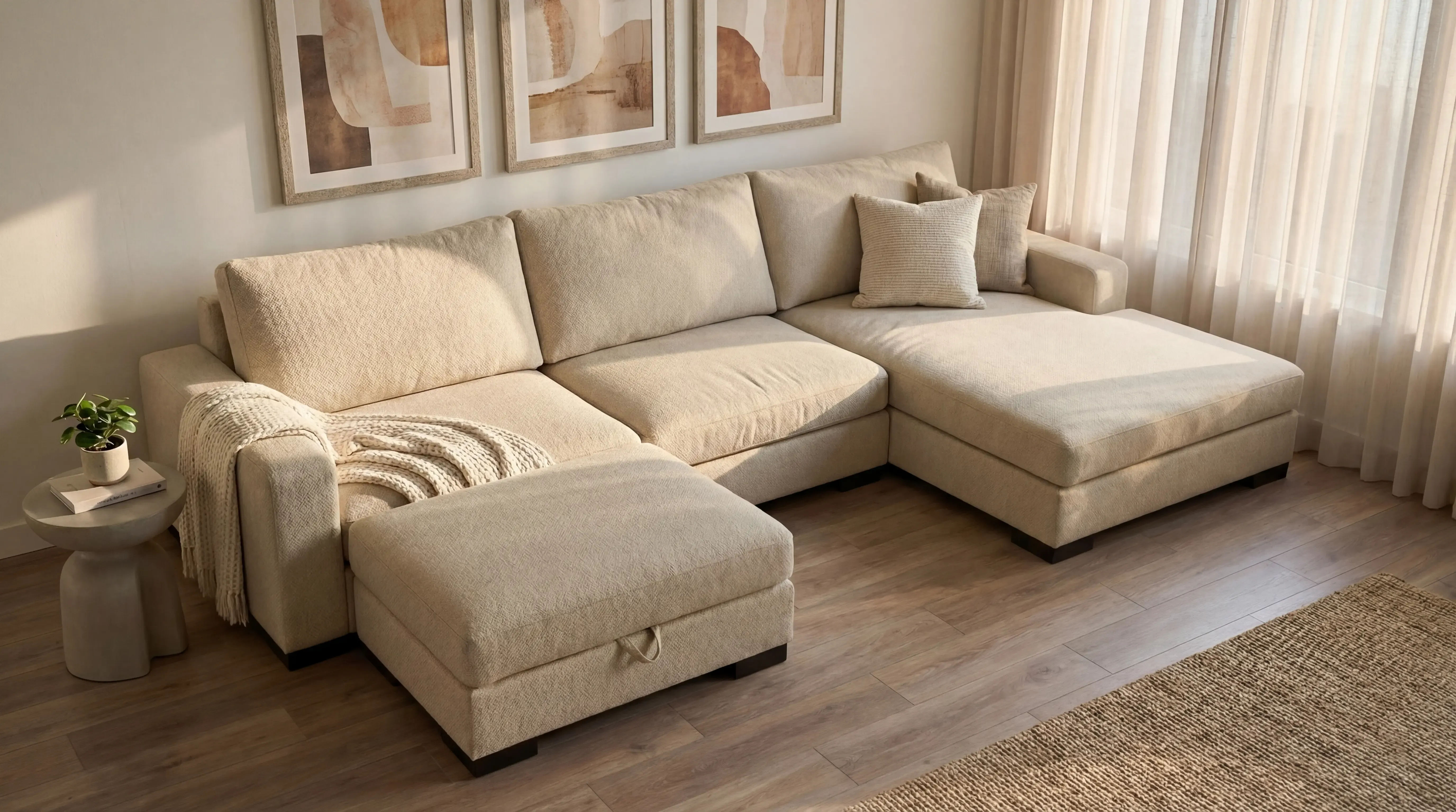 Cream U-shaped sectional sofa with matching ottoman in a corner living room