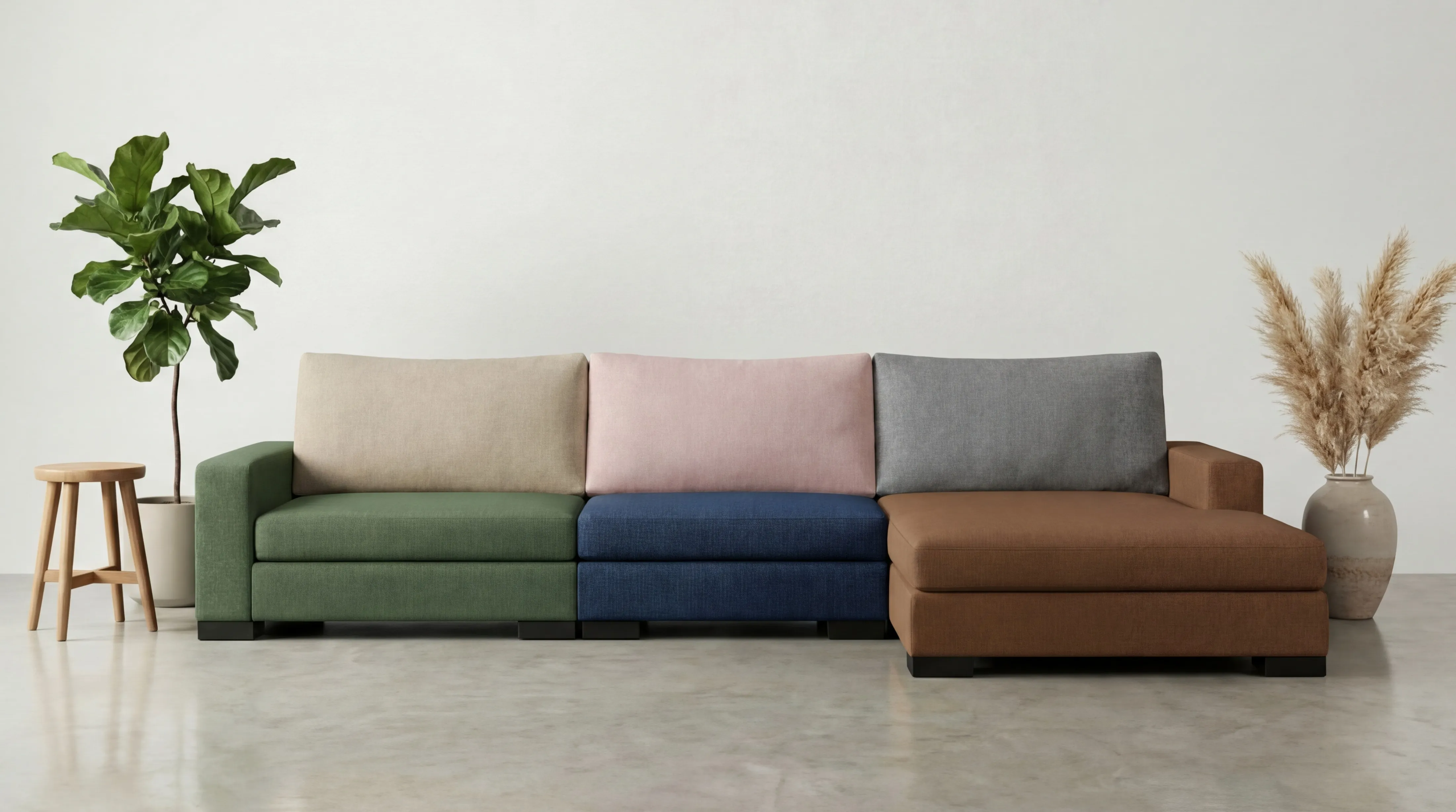 Modular sectional showcasing four different fabric upholstery colours — green, beige with pink, navy, and brown — illustrating SIXTREND's range of fabric options