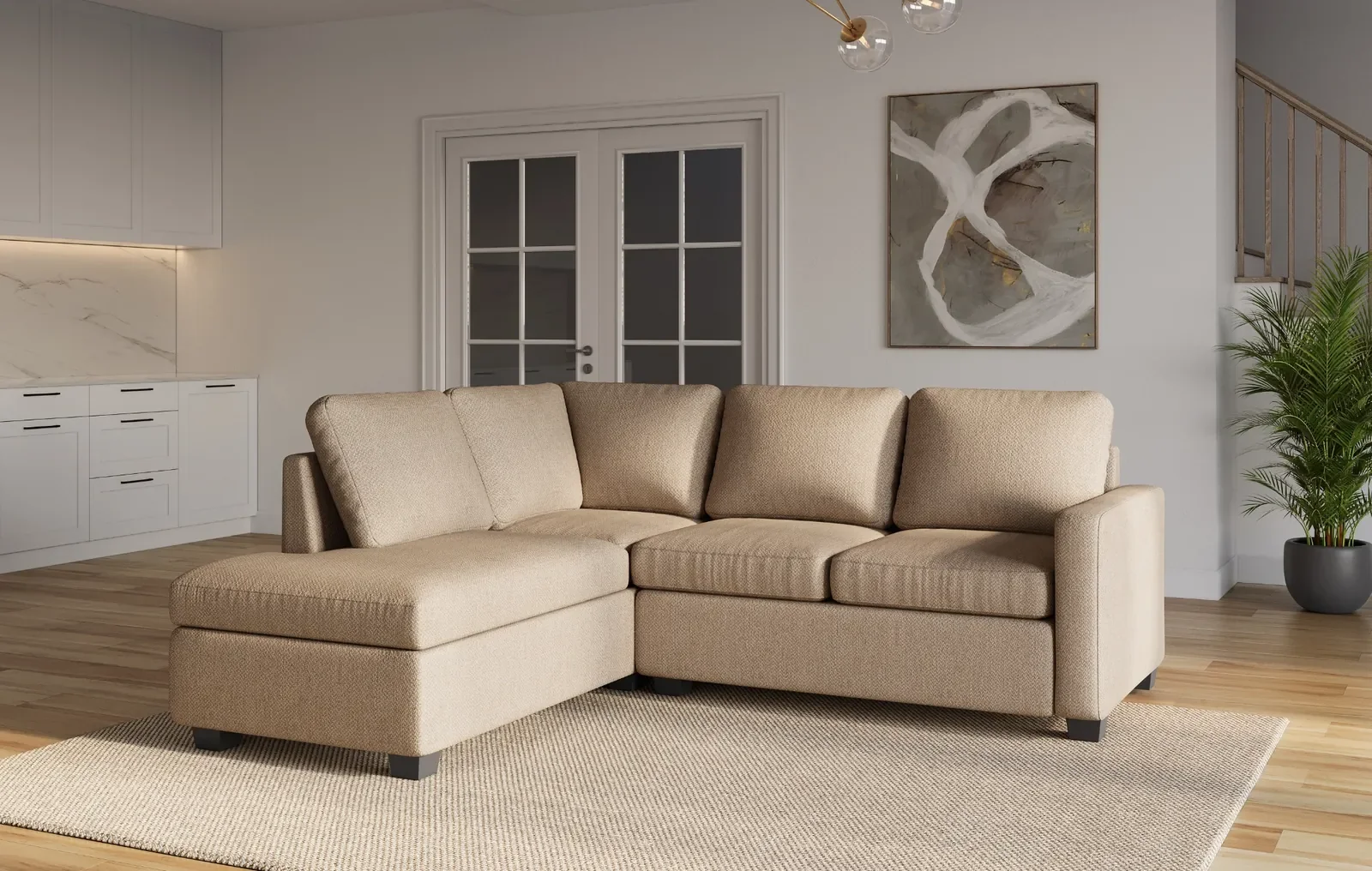 Tan beige Metro Plateau Sectional sofa with extended chaise in a modern living room