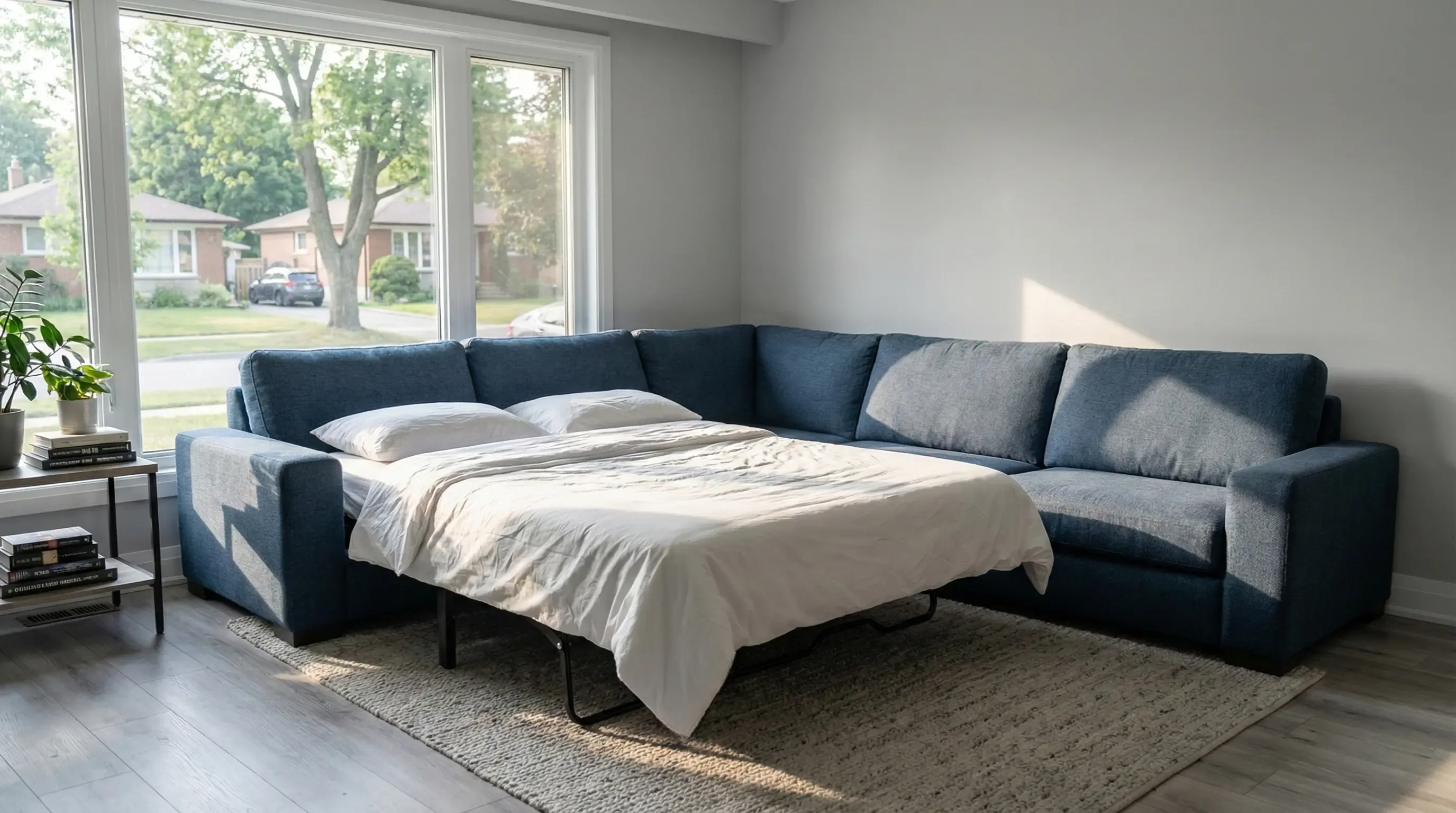 Blue sectional sleeper sofa fully unfolded into a queen bed in a sunlit living room with hardwood floors