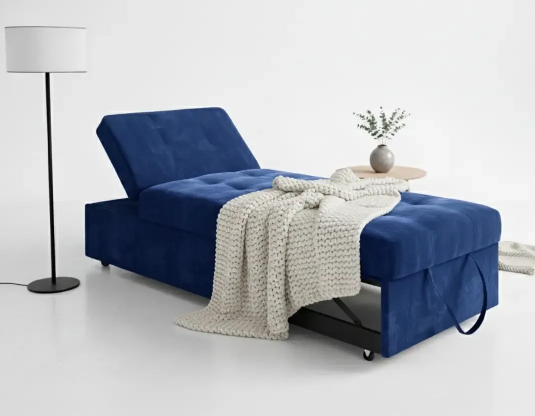 SIXTREND Flex-Mini Sleeper Sofa Chair in navy with chunky knit throw, shown in lounge configuration
