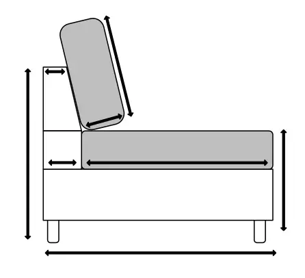 Black-line side-view diagram of a SIXTREND sofa with directional arrows marking customizable height, depth, and seat dimensions.