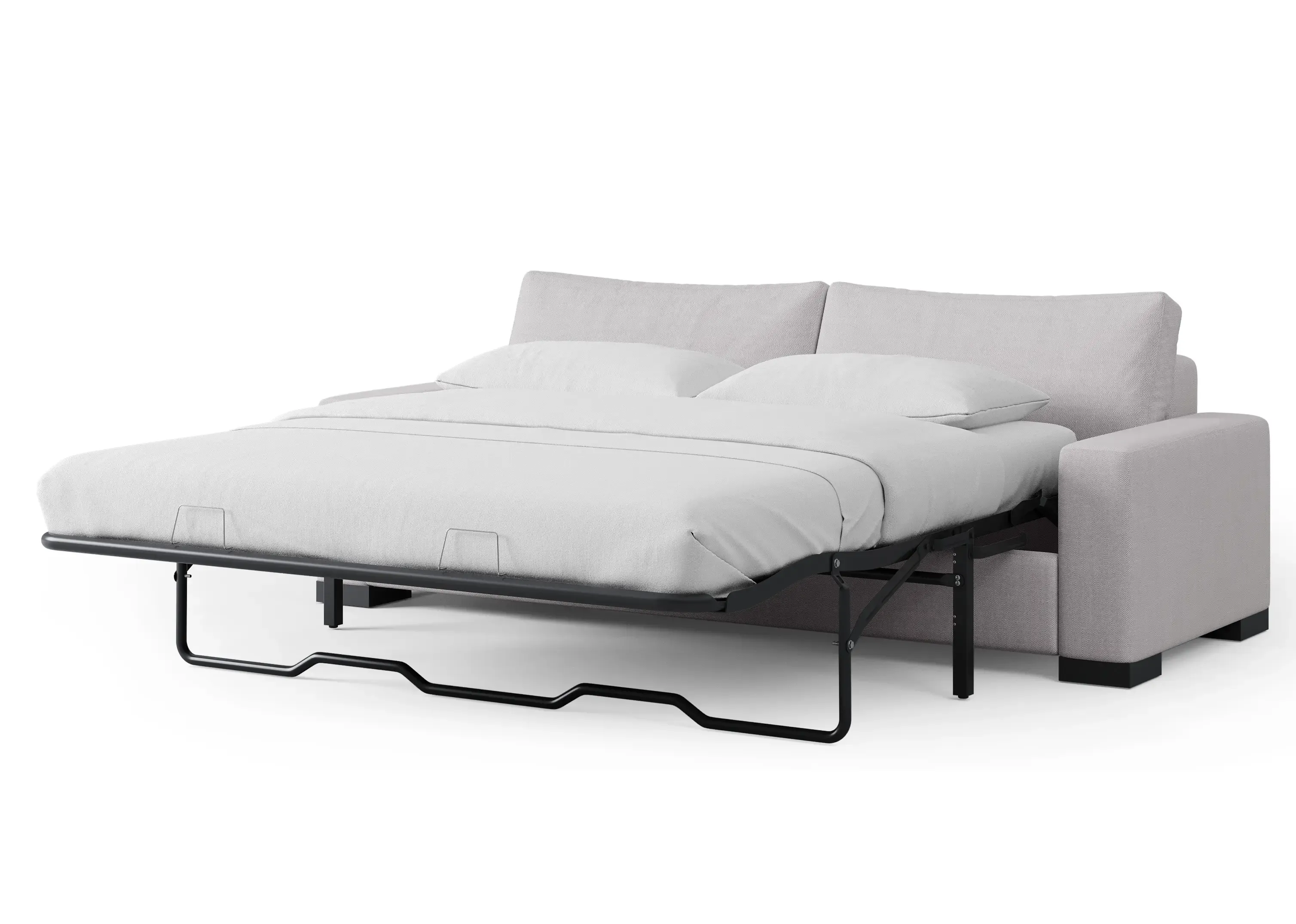A SIXTREND sofa bed with the bed mechanism fully extended and a light grey mattress, shown on a white backdrop.