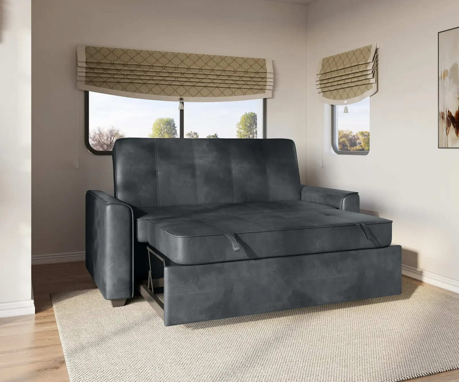 Charcoal grey Flex Sleeper Sofa Bed extended in an RV interior with valanced windows