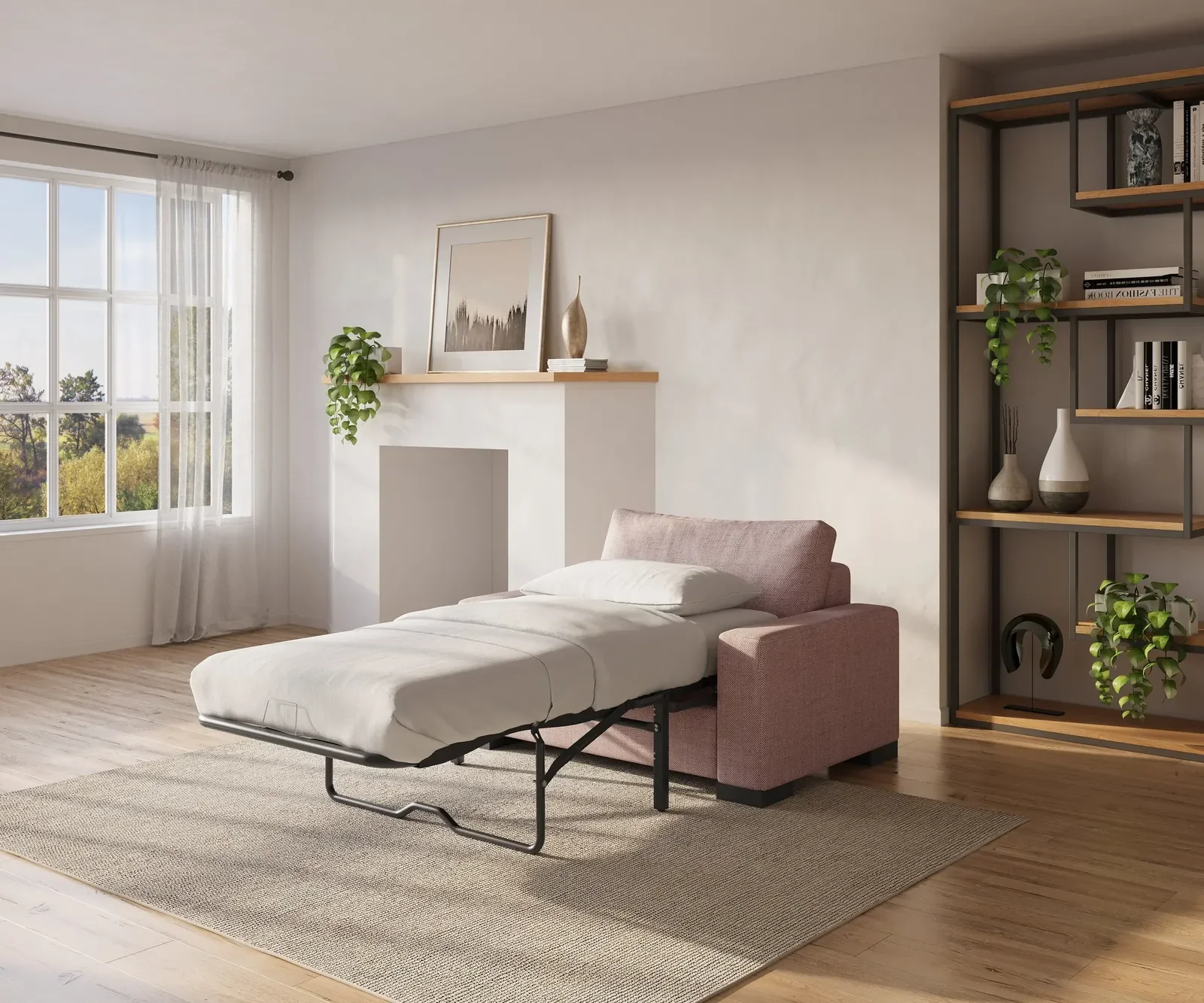 Pink Zen Armchair extended into a single bed in a bright living room with bookshelf