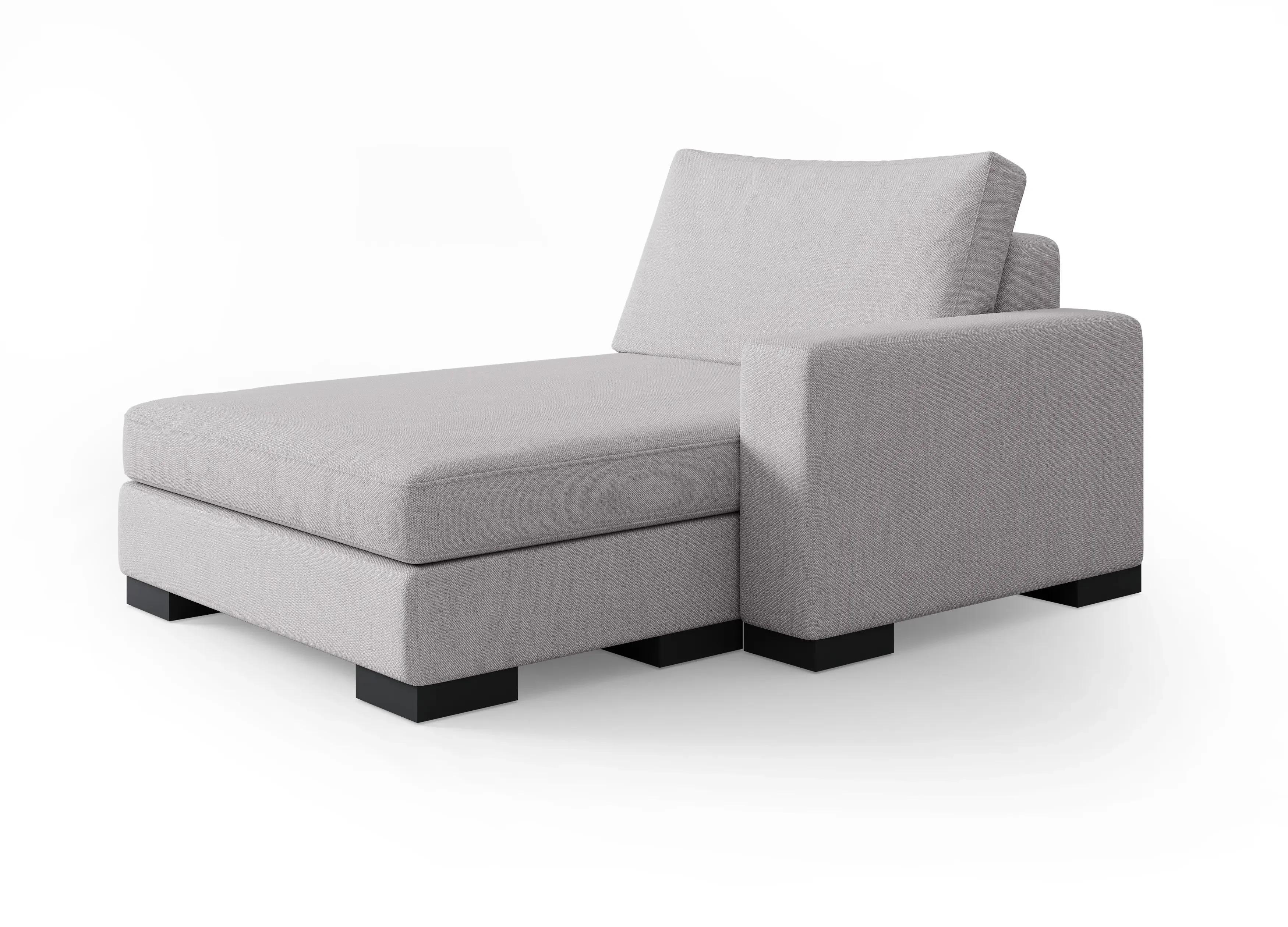 Light grey upholstered single-arm chaise lounge with a deep seat and dark block feet shown on a white background.
