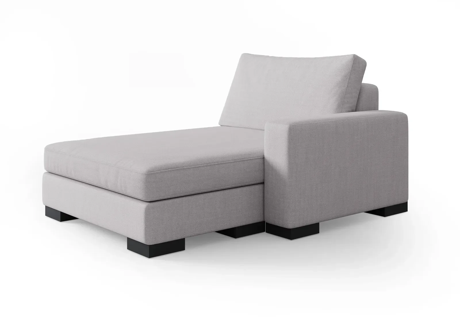 Light grey upholstered single-arm chaise lounge with a deep seat and dark block feet shown on a white background.