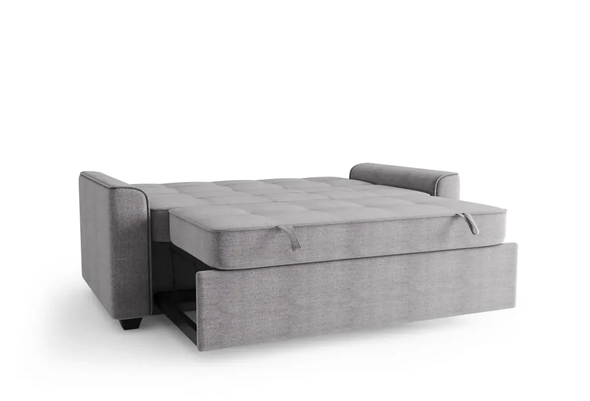 The SIXTREND Flex fully converted into a sleeping configuration with a flat plush mattress surface, in light grey on a white backdrop.