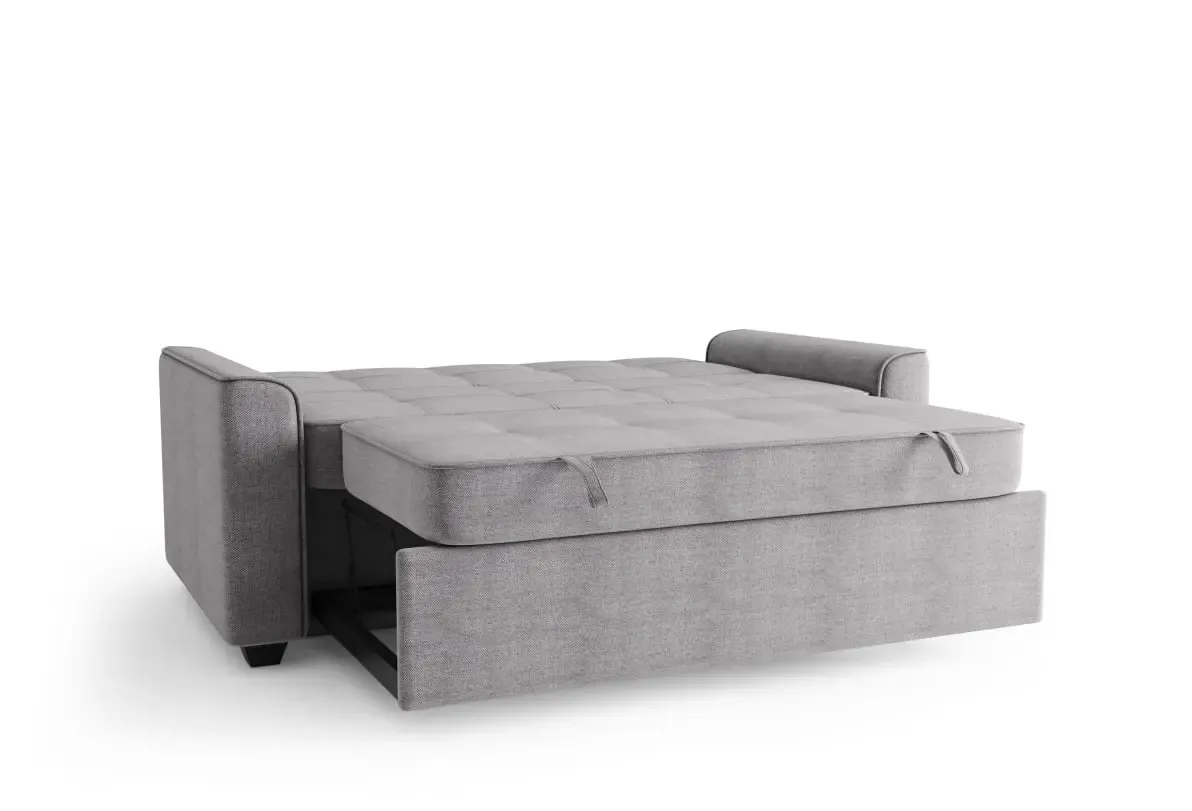The SIXTREND Flex fully converted into a sleeping configuration with a flat plush mattress surface, in light grey on a white backdrop.
