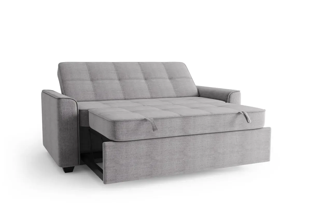 The SIXTREND Flex with its trundle extended into a chaise-style reclining position, in light grey on a white backdrop.