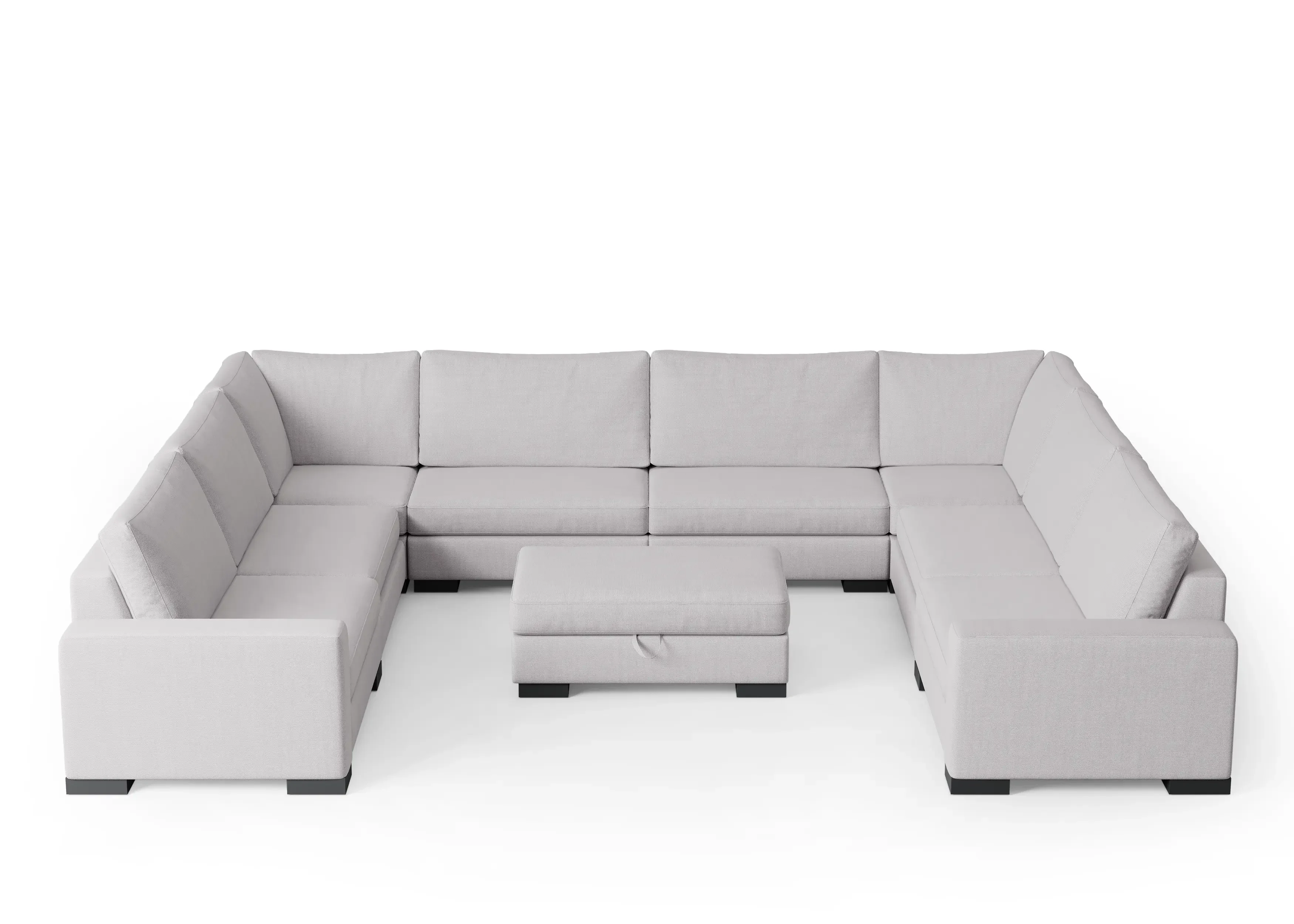 Eight-seat Zen modular U-shaped sectional with center storage ottoman in light gray fabric