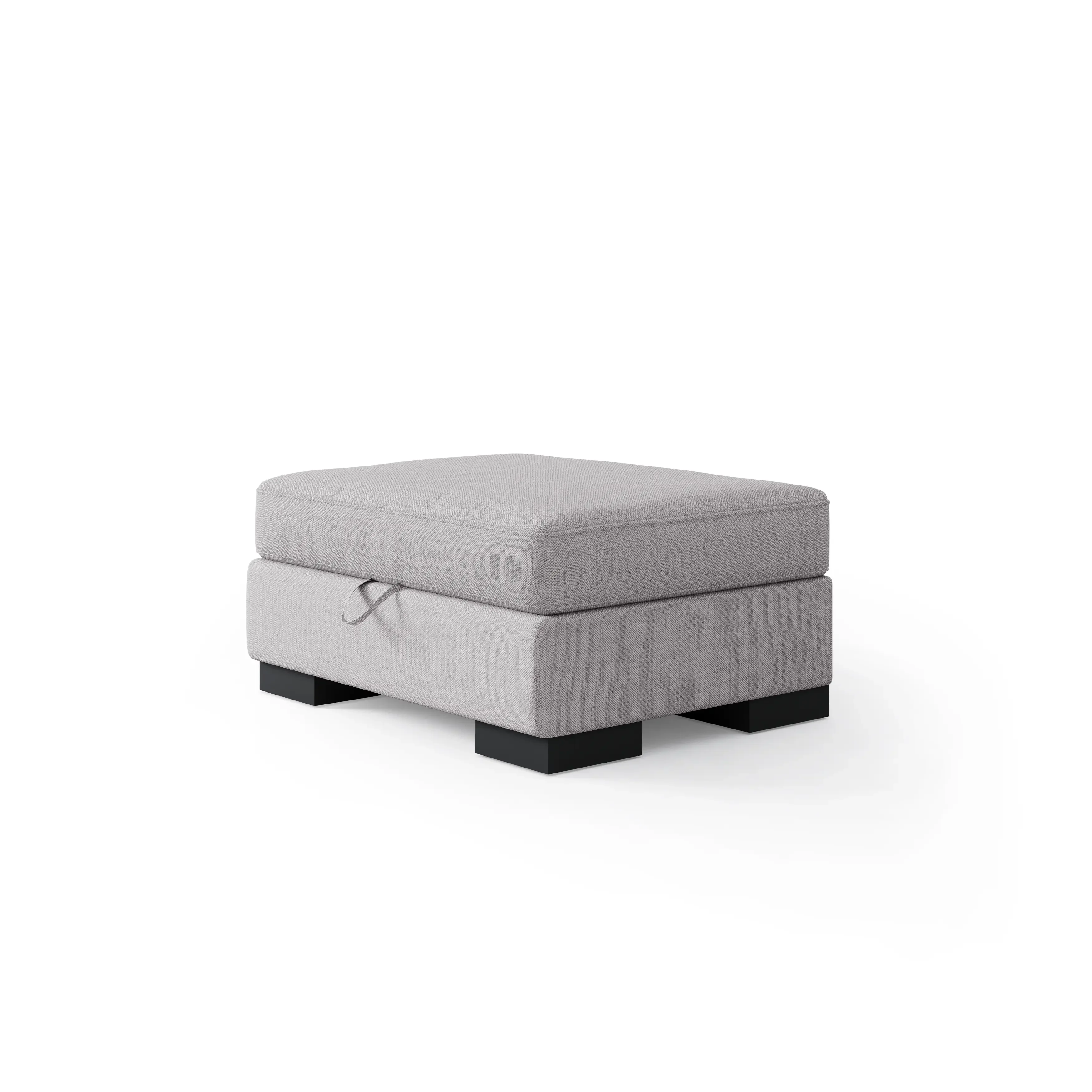 Compact light grey storage ottoman with a leather pull-tab on the front panel and dark block feet shown on a white background.