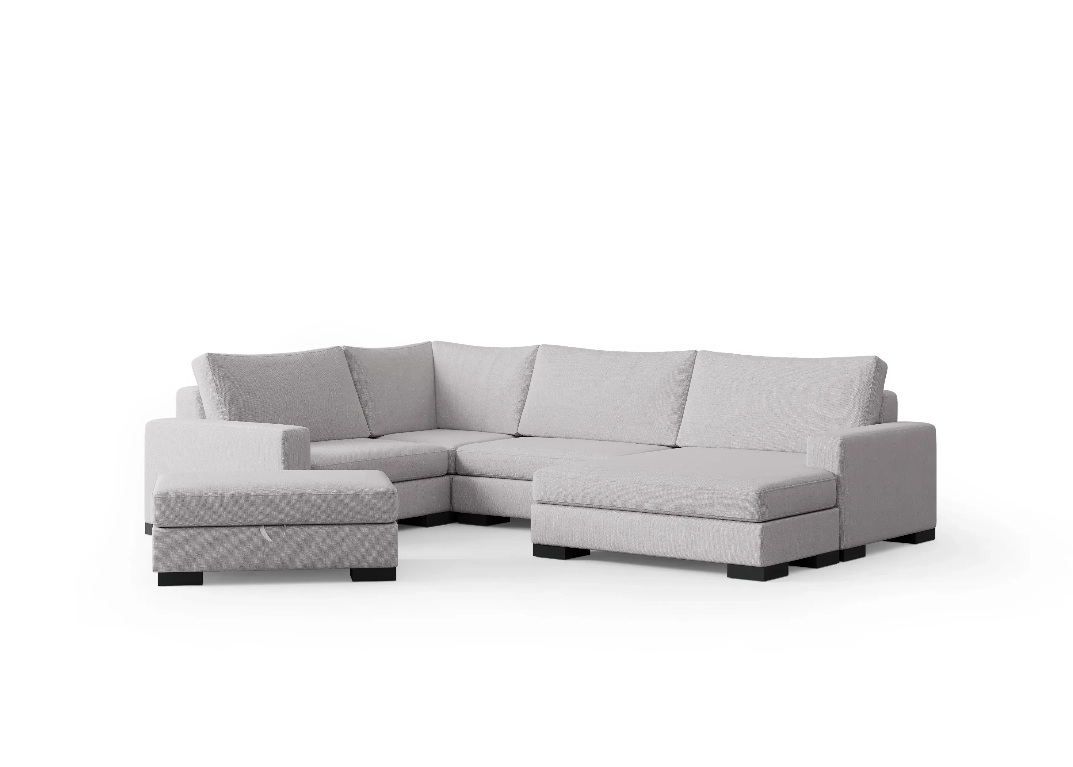 Four-seat Zen modular sofa with corner seat, double chaise, and ottoman in light gray fabric