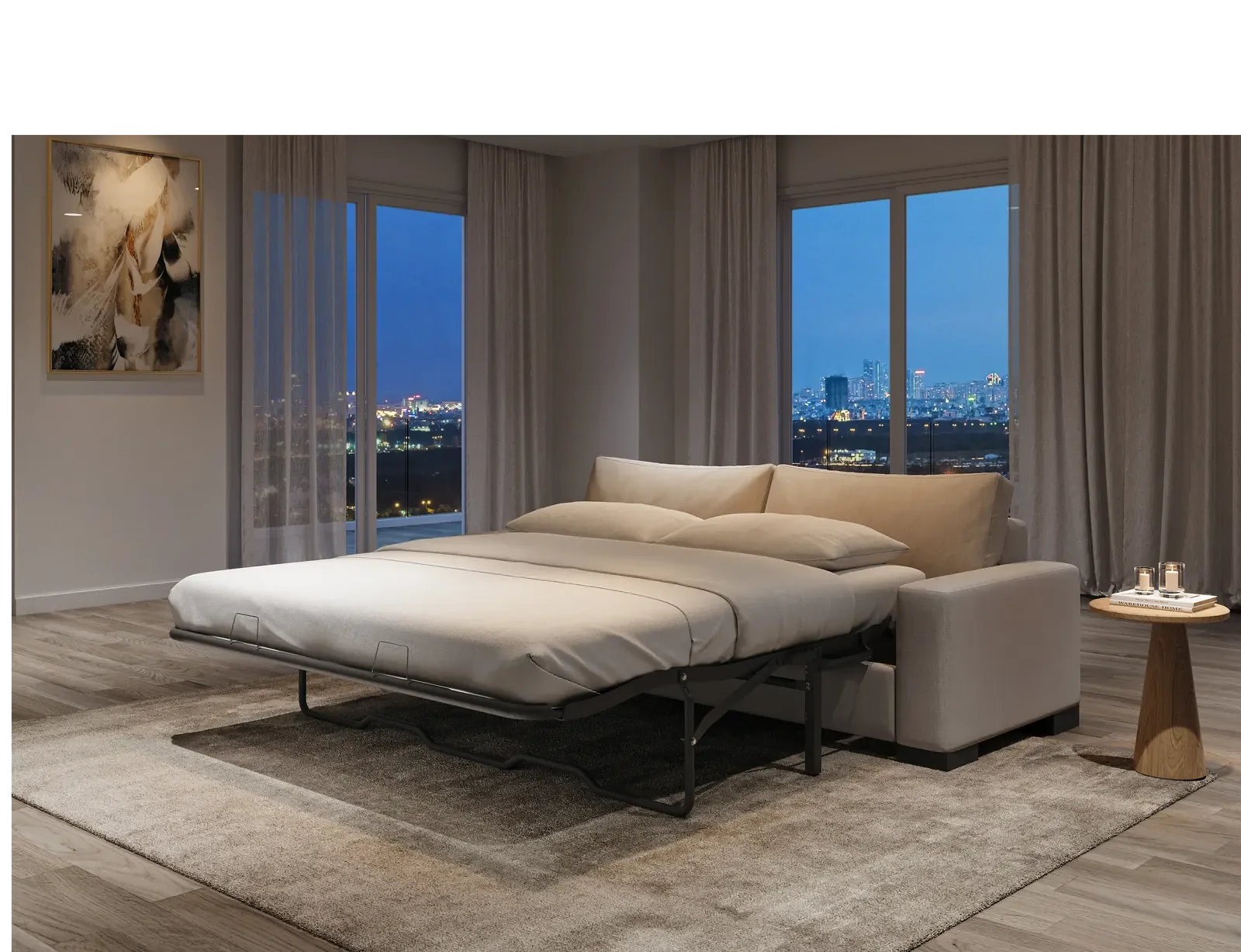 Zen sofa bed pulled out flat in a modern bedroom with city skyline view at night