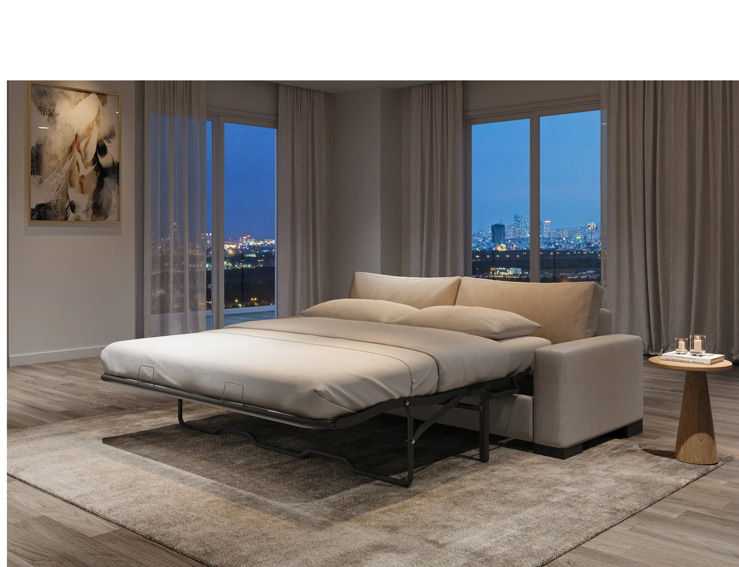 Zen sofa bed pulled out flat in a modern bedroom with city skyline view at night