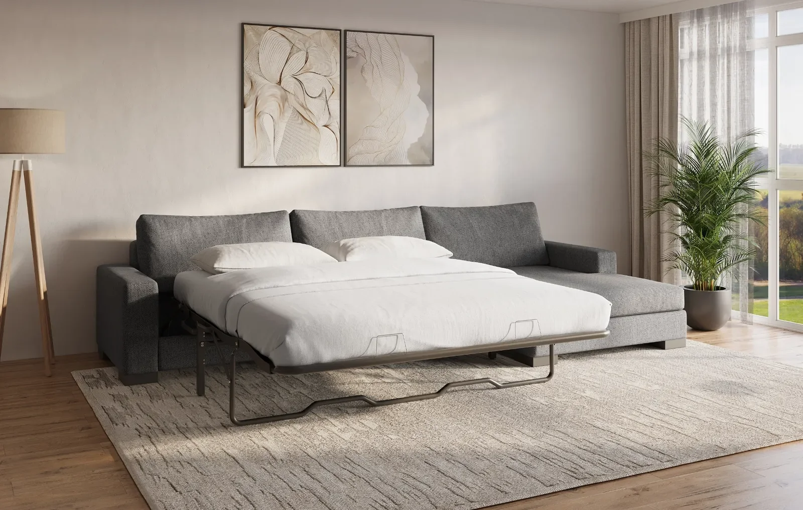 SIXTREND sofa bed opened in a bright living room