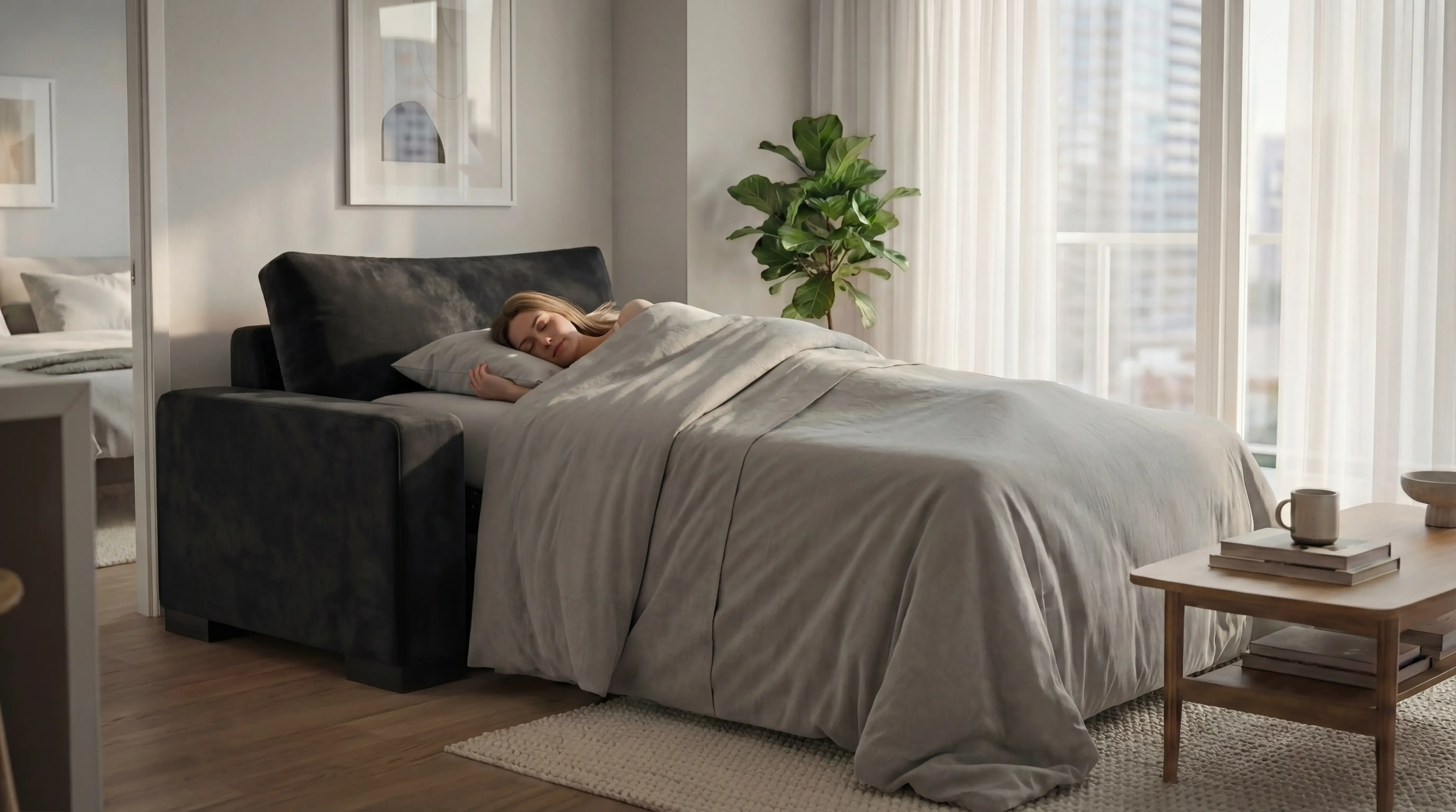 SIXTREND Zen Sleeper Chair Bed extended into a single bed with grey bedding