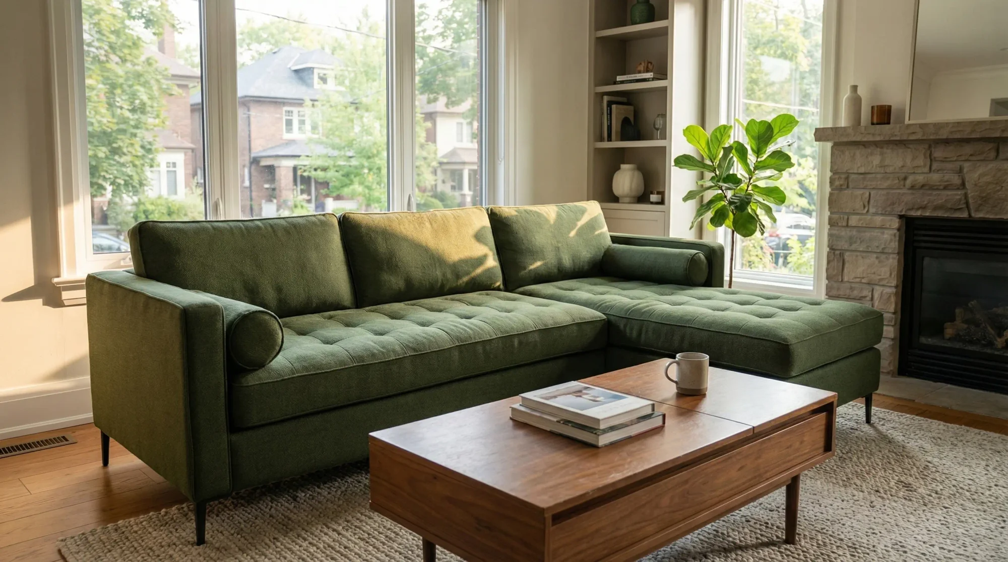 Green velvet sectional sofa with chaise in a sunlit Toronto living room