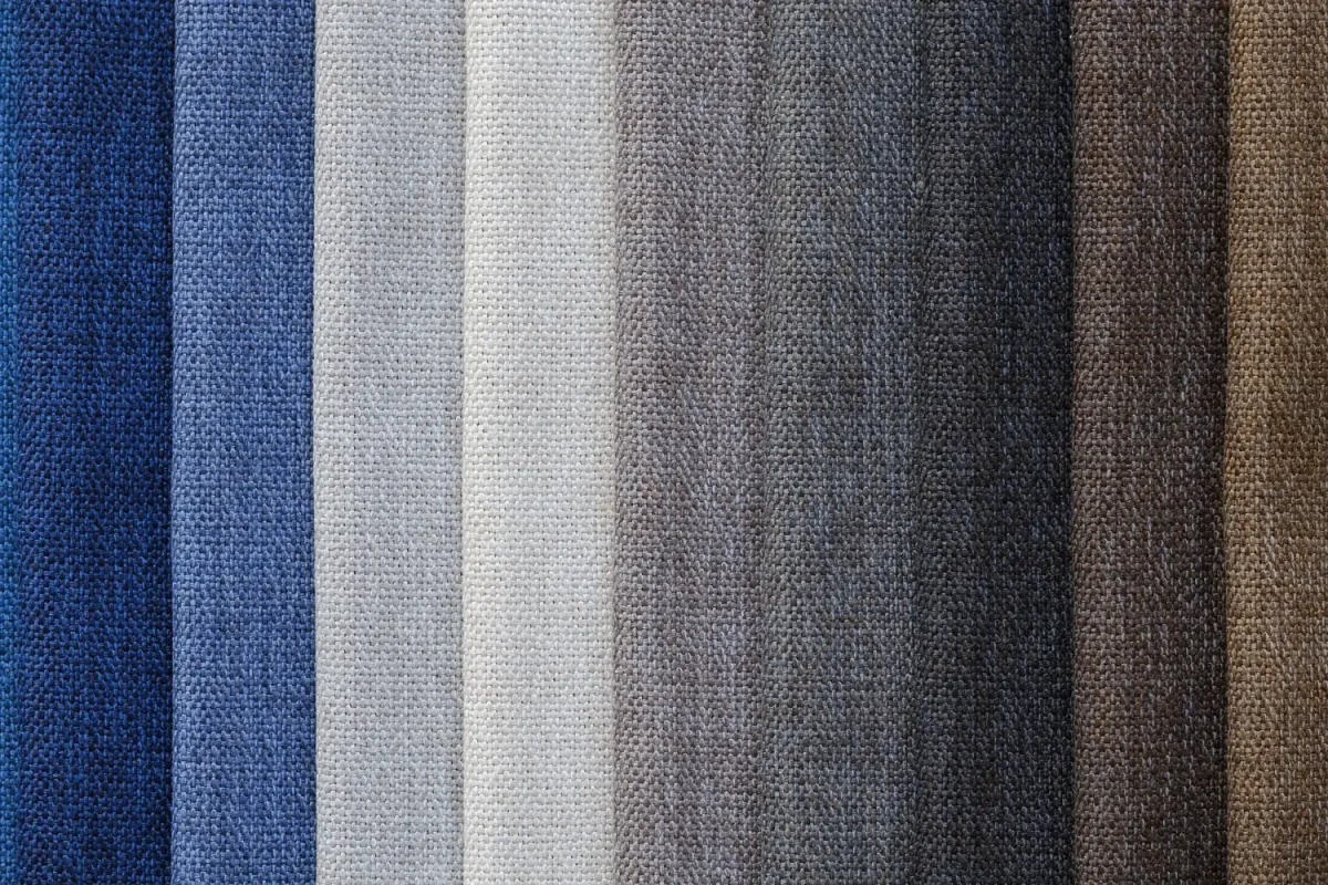 Upholstery fabric swatches available in blues, neutrals, and browns for design consultations