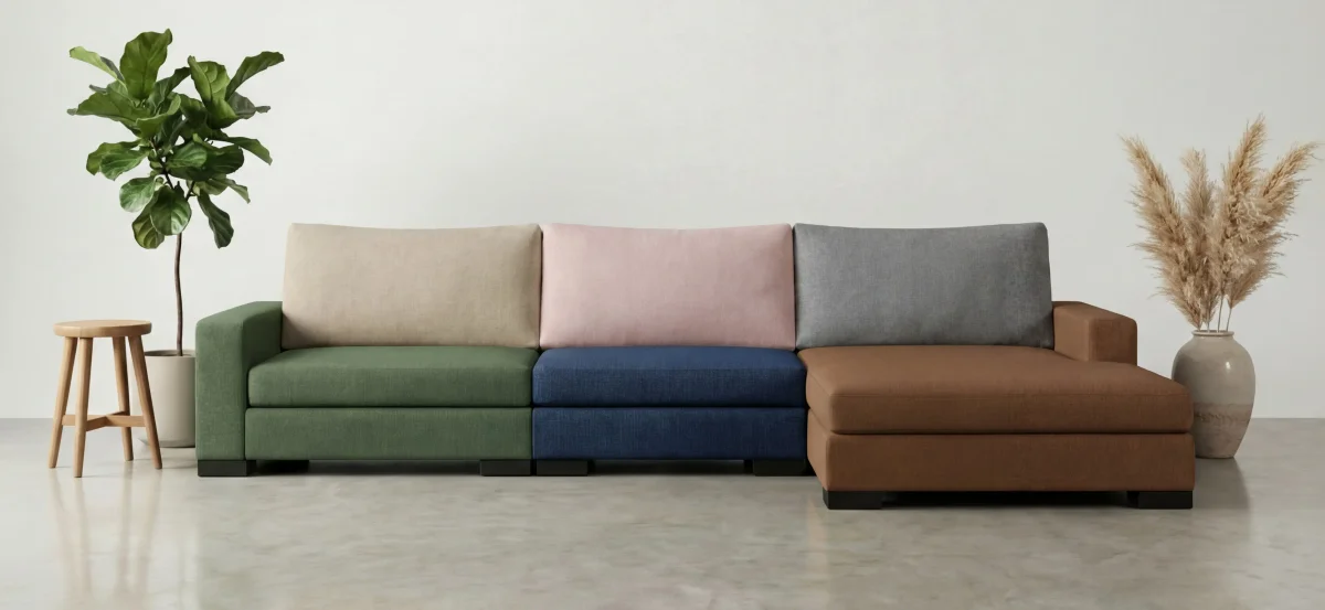 Modular sectional sofa configured with green, blush, navy, grey, and tan upholstery